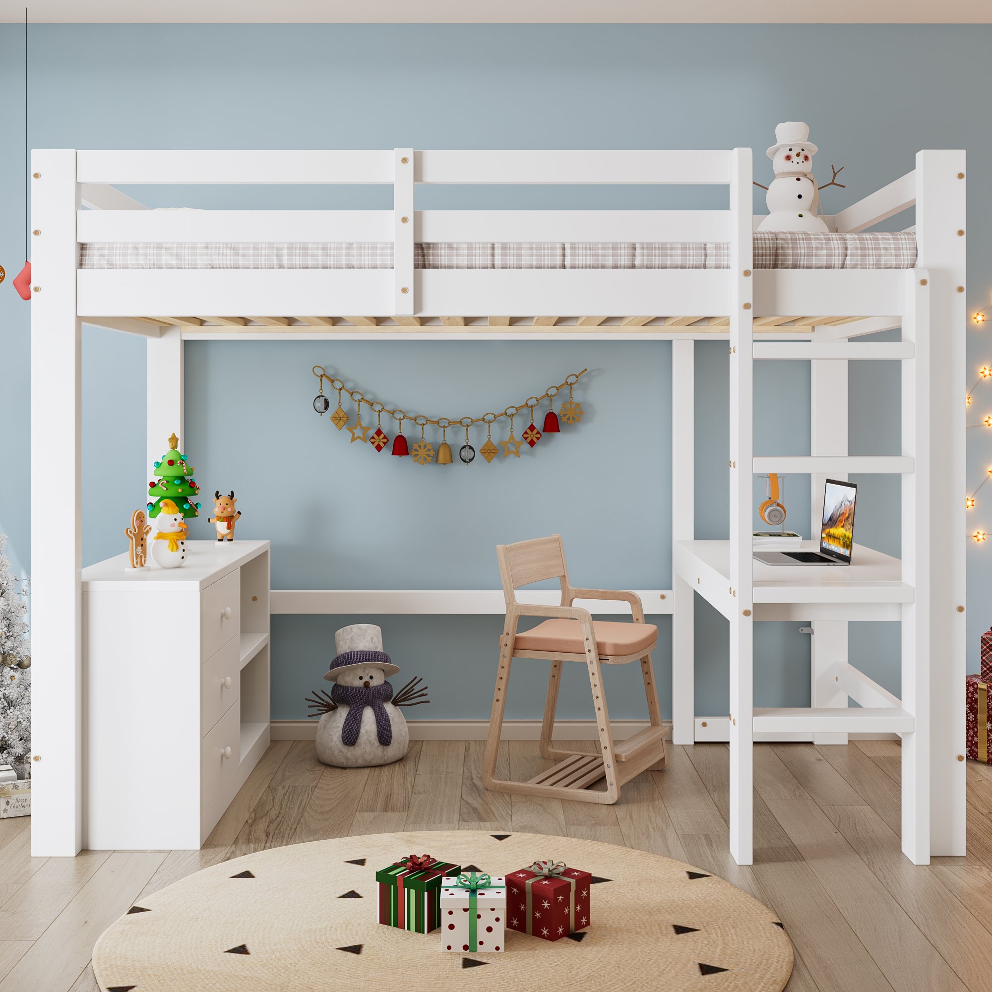 Lit mezzanine avec bureau intégré et rangements pour enfant, 90x200 cm
