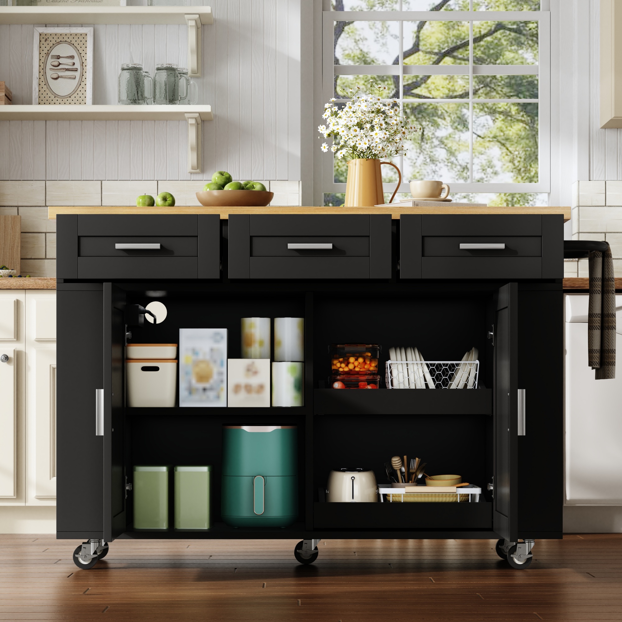Îlot de cuisine 120 cm avec plan rabattable, rangements, tiroirs, prises et roulettes, pour 2-4 personnes, Panneau composite de fibres de bois à densité naturel et noir