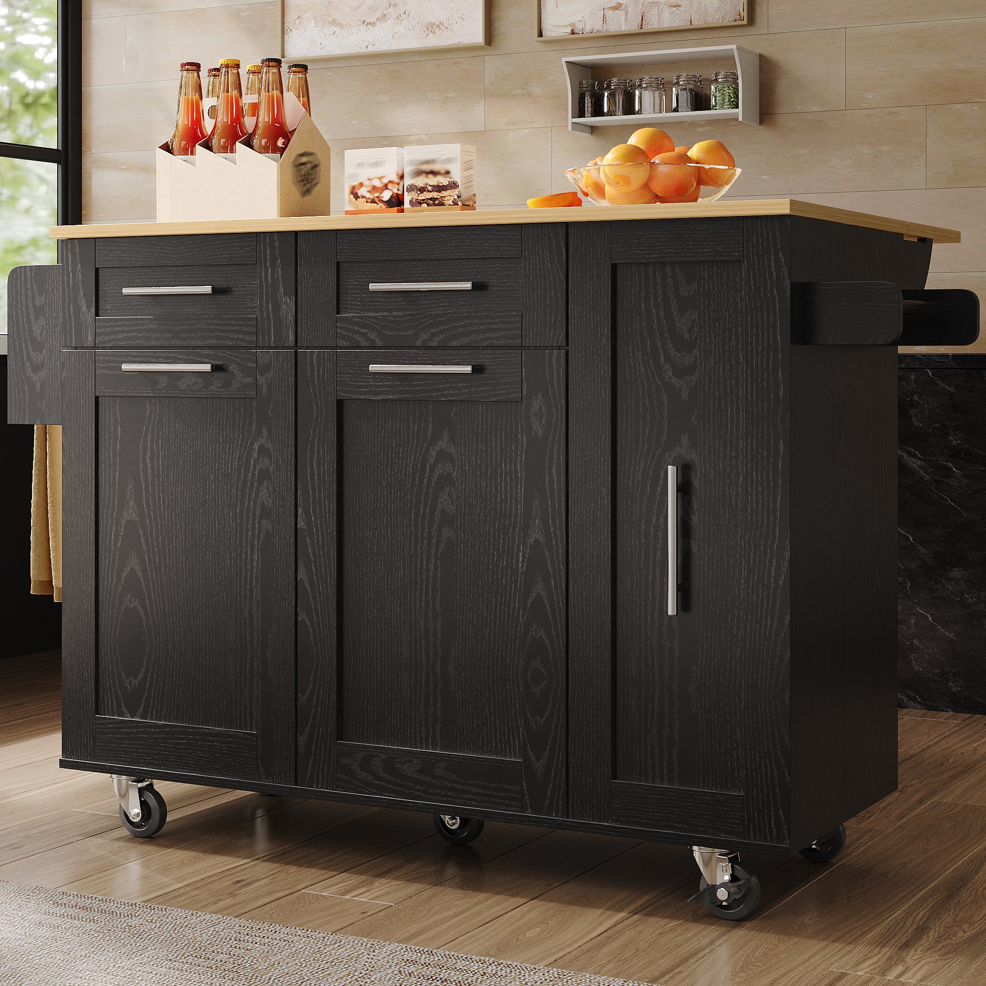 Îlot de cuisine compact 110x46x90,5 cm, noir, avec rangement, table rabattable, étagères extensibles, roulettes, Panneau composite de fibres de bois à densité et métal