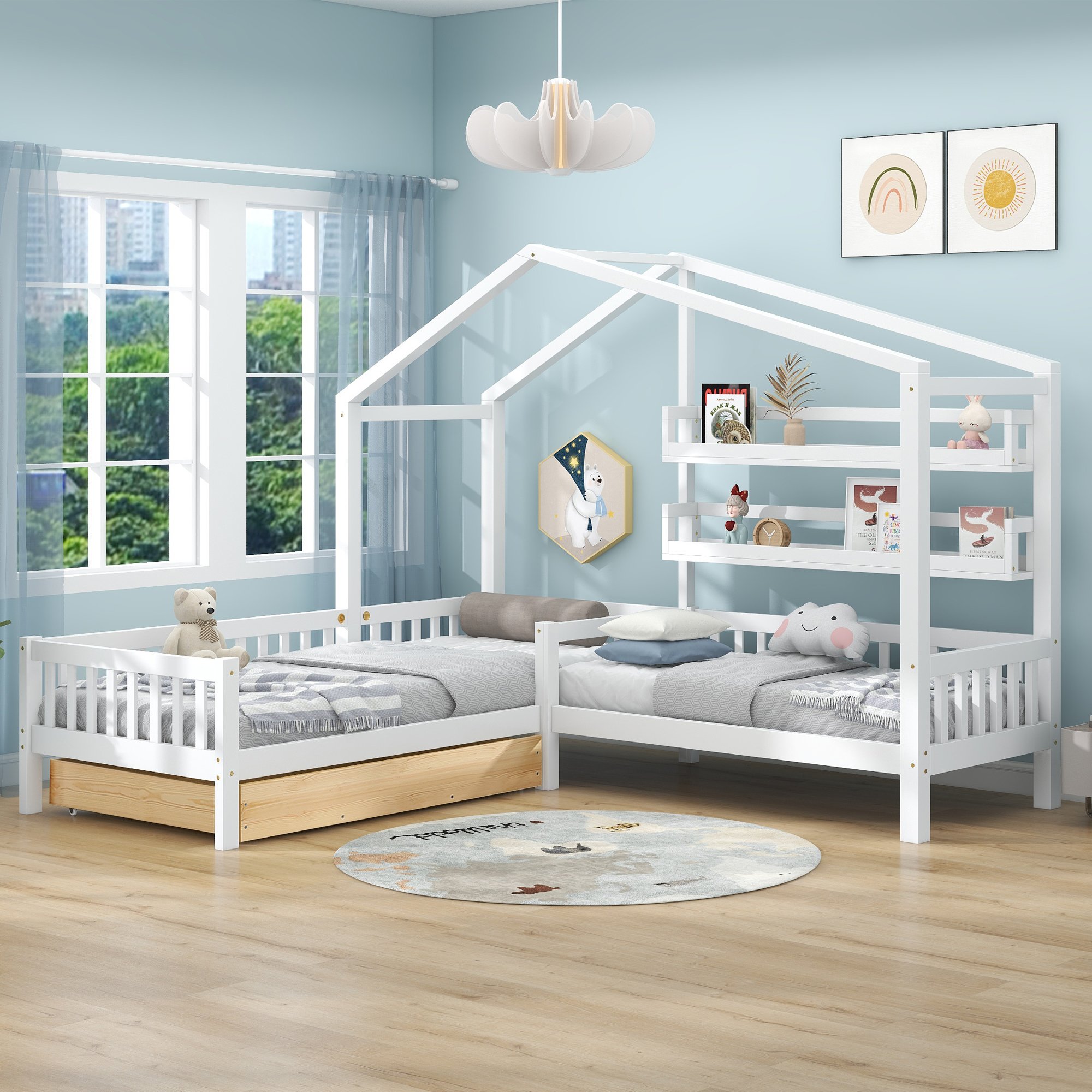 Lit cabane enfant 90x200 blanc en bois massif avec tiroirs et étagères