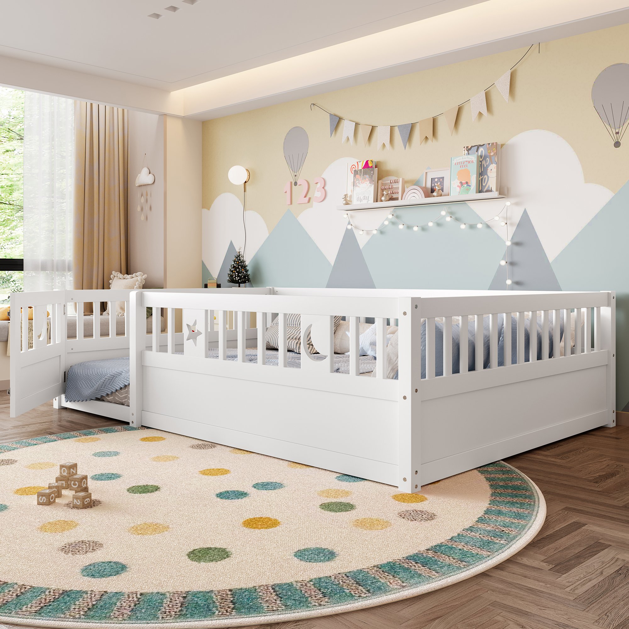 Lit enfant 140x190 avec barrière de sécurité, blanc, en pin, pour chambre d'enfant, sans matelas