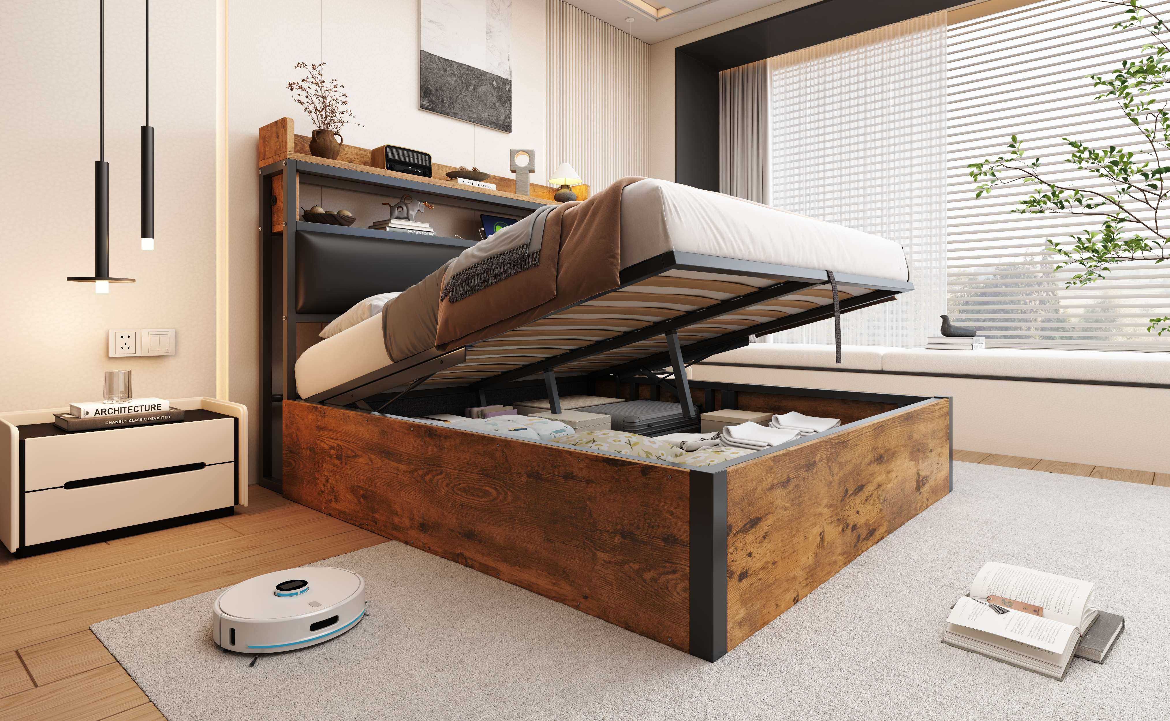 Lit coffre 140x200 avec rangement hydraulique et ports USB, tête de lit rembourrée, noir