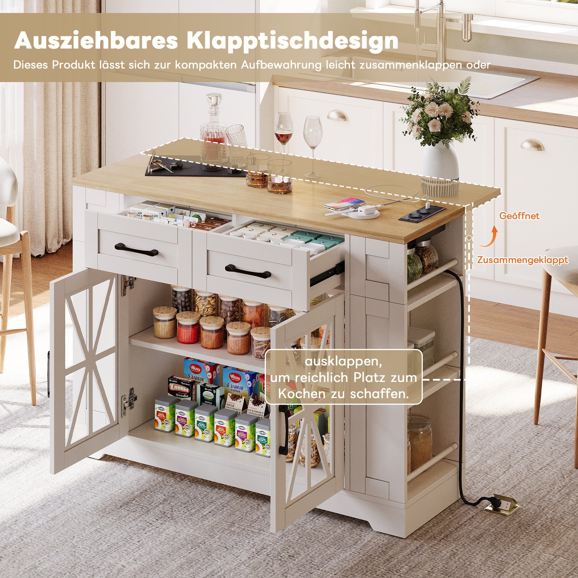 Îlot de cuisine blanc 120x65 cm avec plan de travail extensible, rangements, prises AC et USB, roulettes avec freins