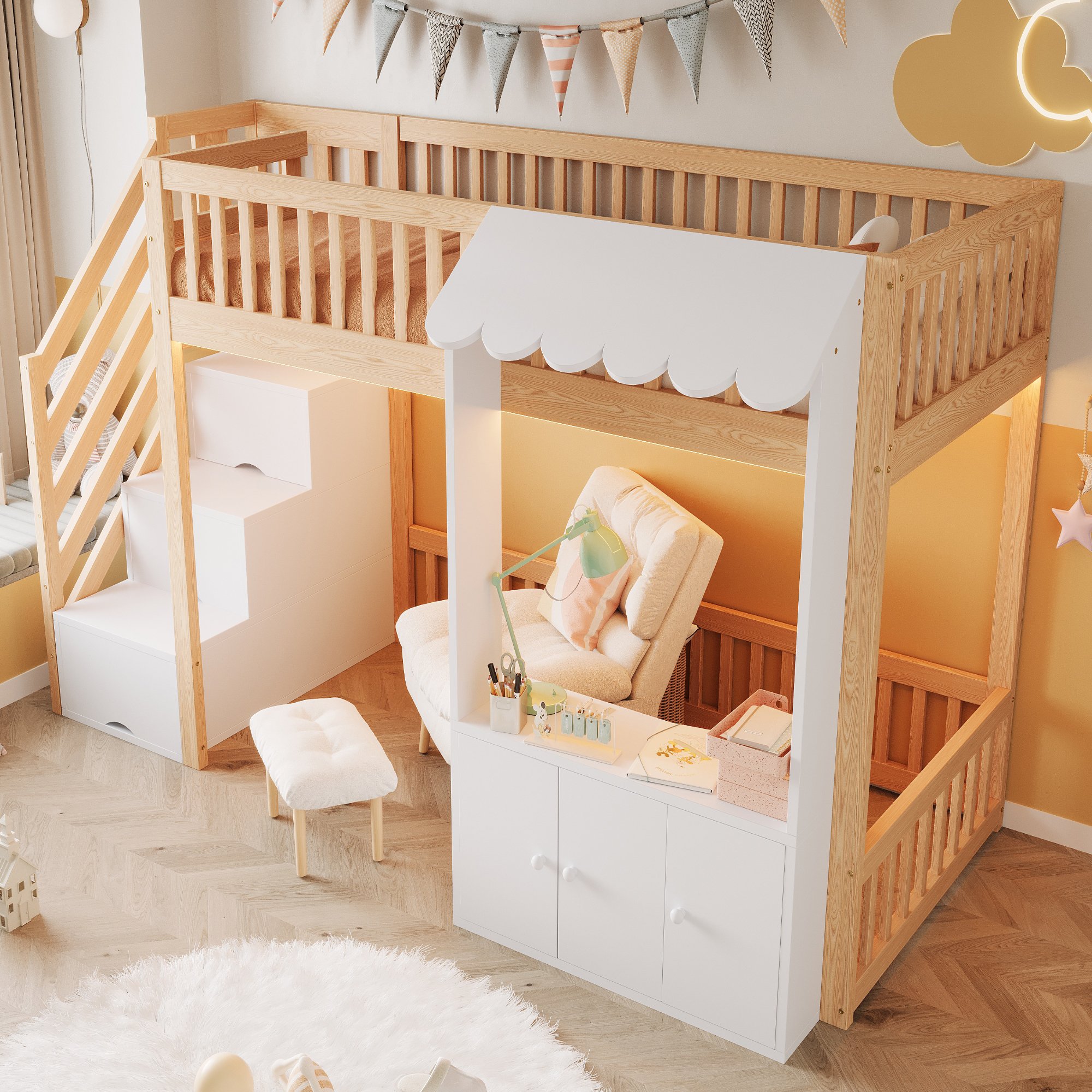 Lit mezzanine 90x200 en bois avec rangements, LED multicolore et échelle de rangement