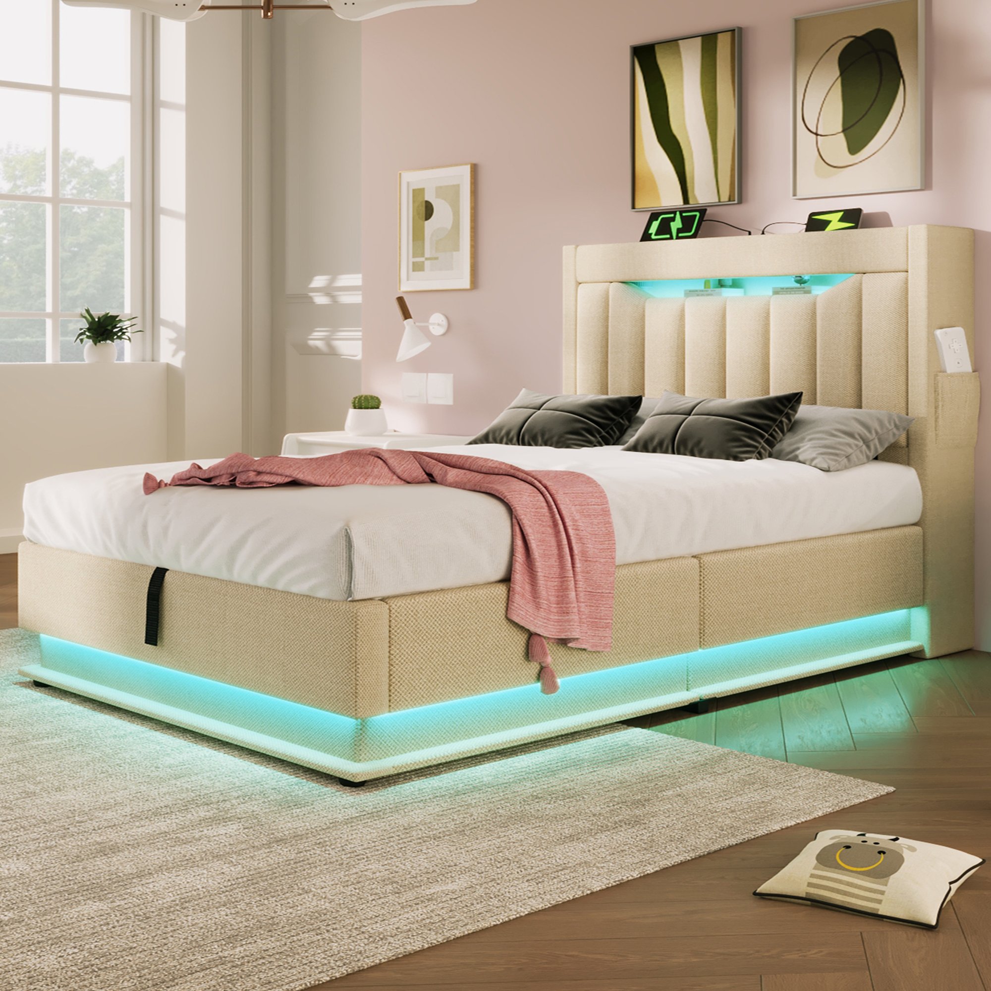 lit coffre 90x200 cm pour chambre adulte, cadre de lit rembourré beige avec coffres de rangement latéraux et éclairage LED