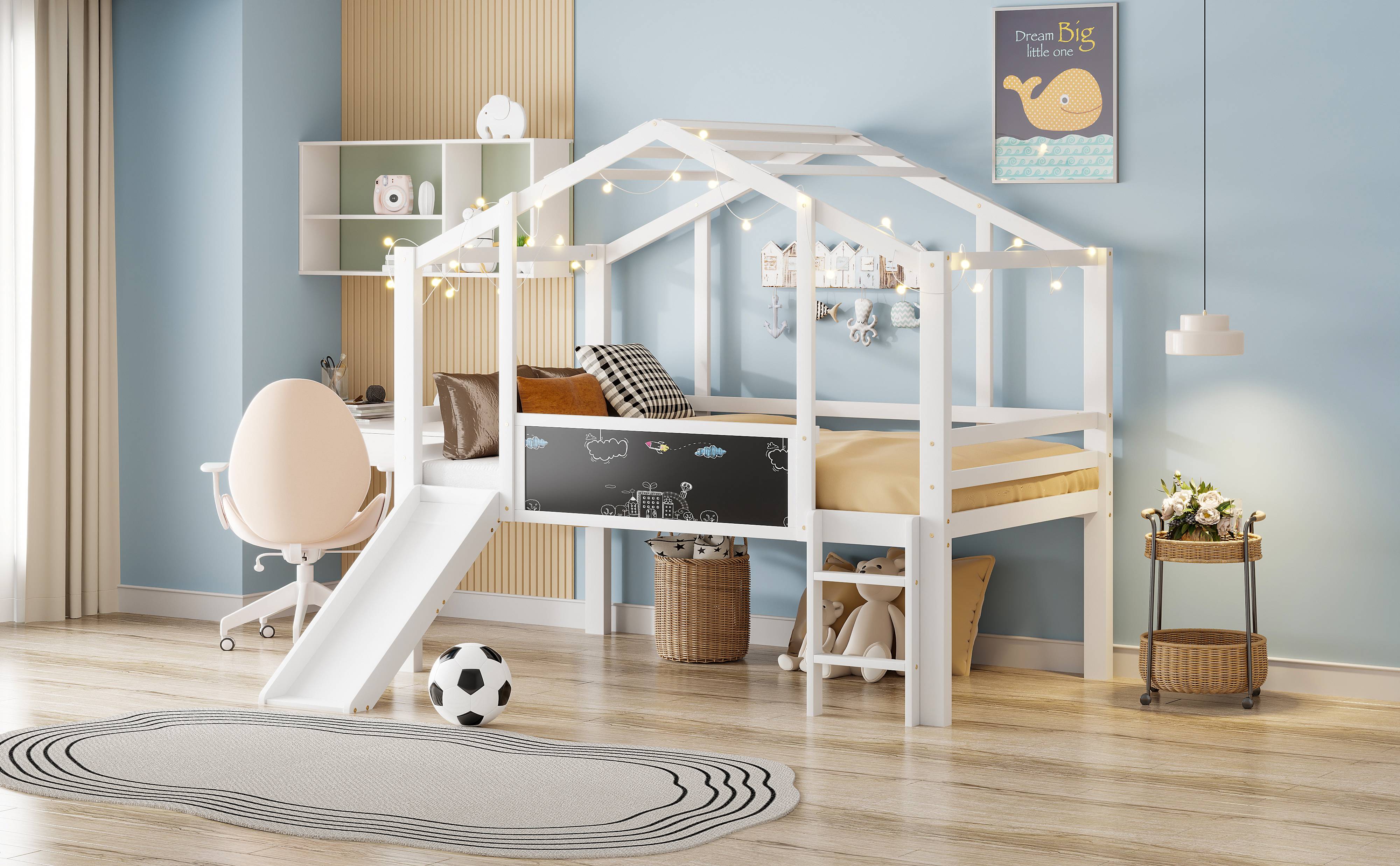 Lit mezzanine enfant 90x200 avec toboggan et tableau, bois massif blanc, échelle sécurisée