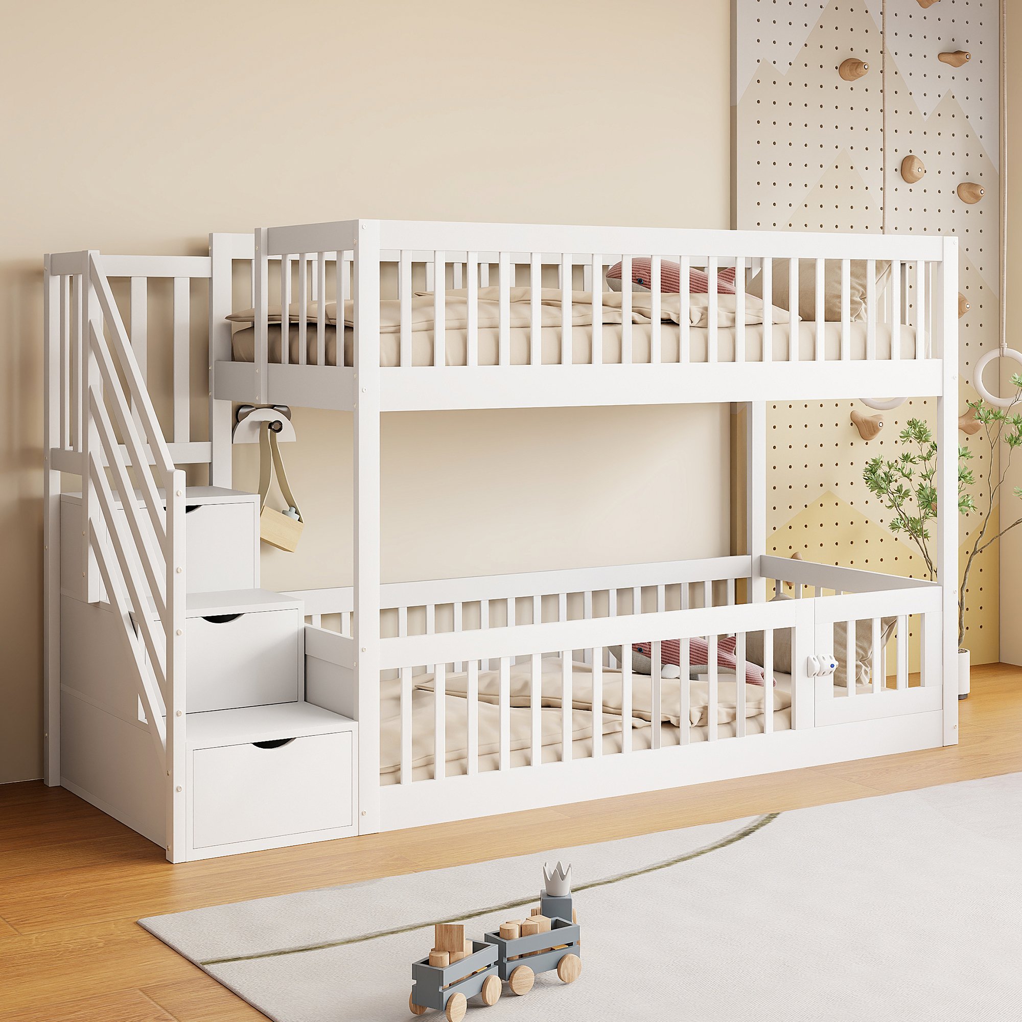 Lit superposé 90x200 en bois massif blanc avec échelle et rangements pour enfant