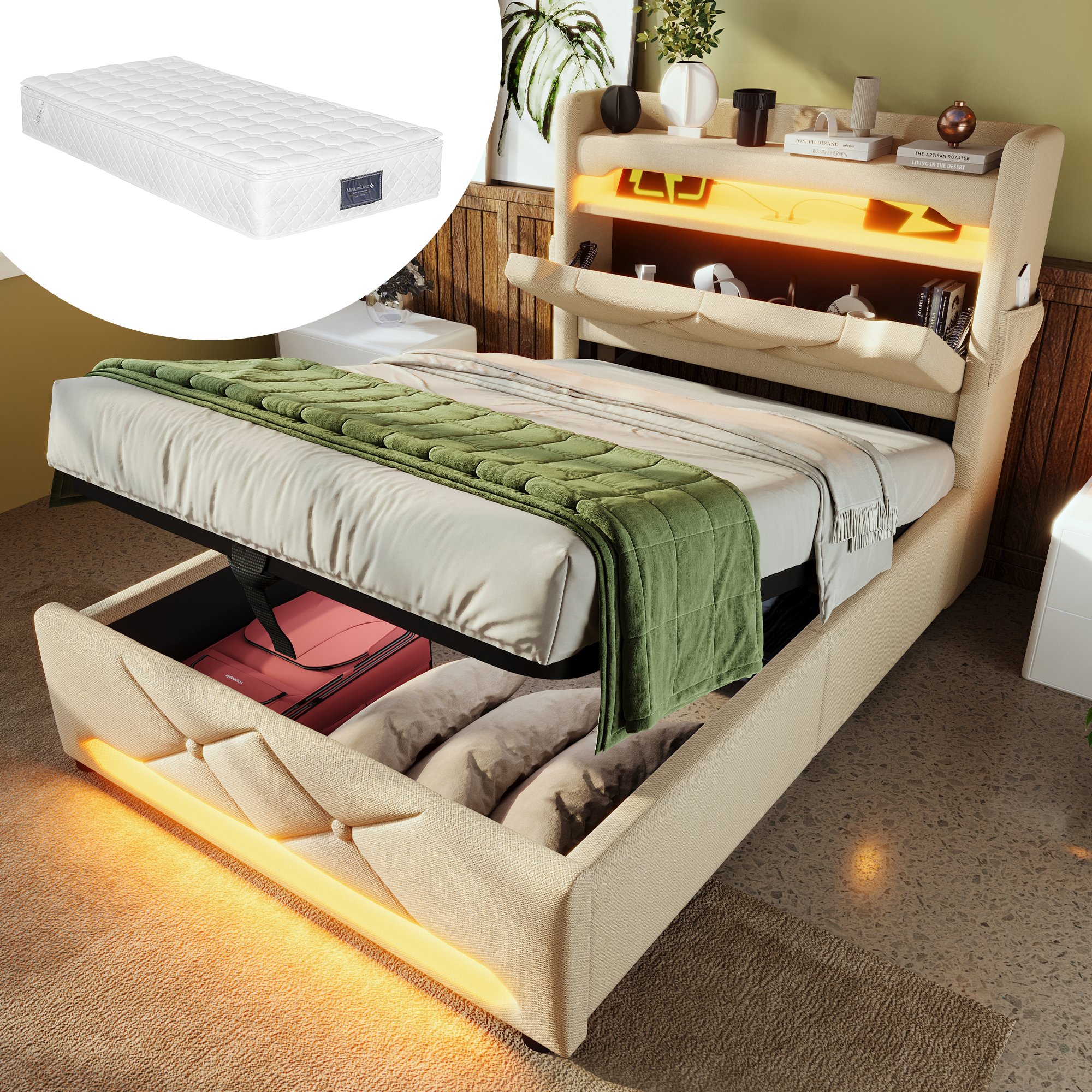 Lit coffre 90x200 beige avec matelas, lit simple rembourré en lin avec LED 360°, rangement hydraulique et ports USB Type-C