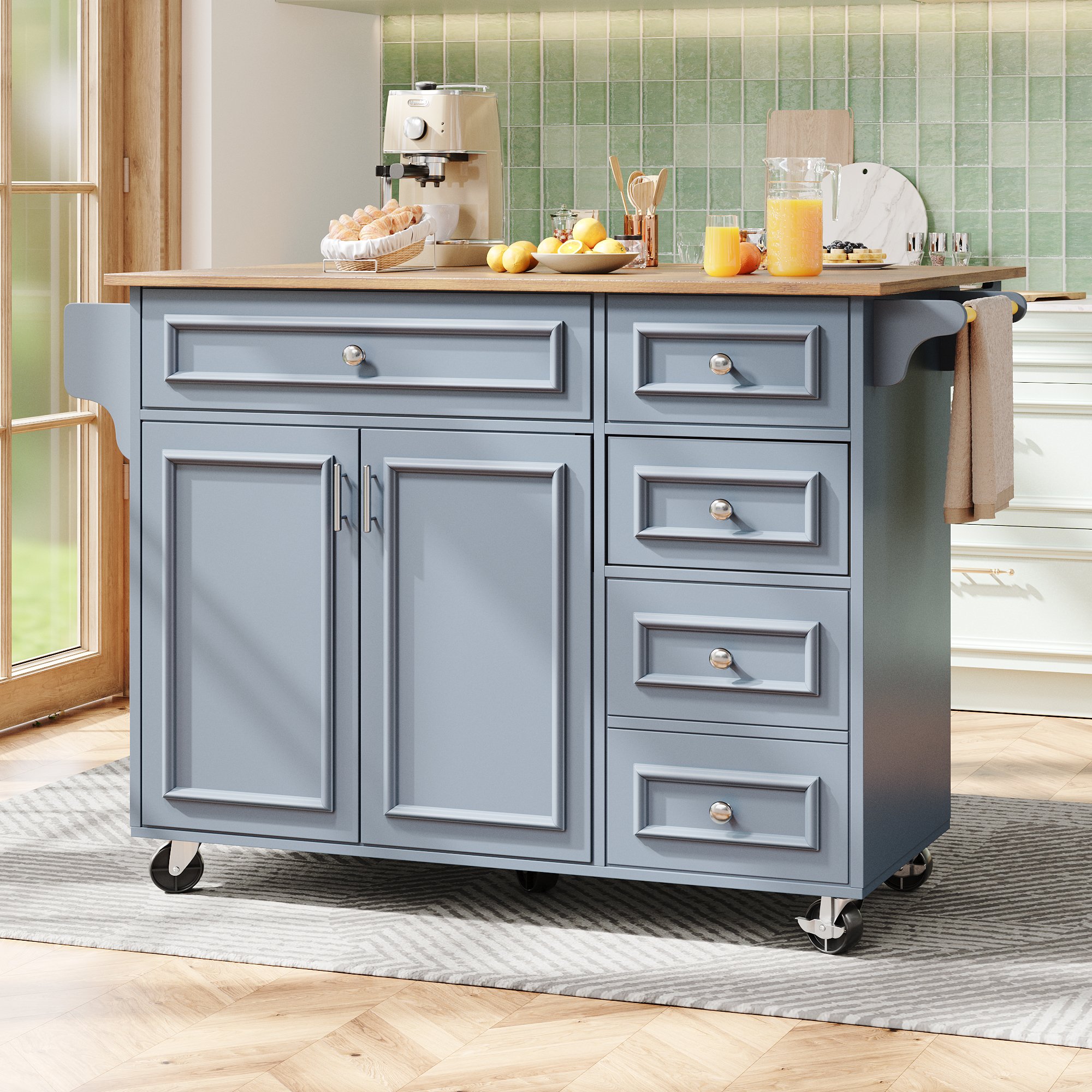 Îlot de cuisine avec table extensible et rangement, 3 étagères réglables, tiroirs, bleu, 110x45-75x92 cm, Panneau composite de fibres de bois à densité et métal