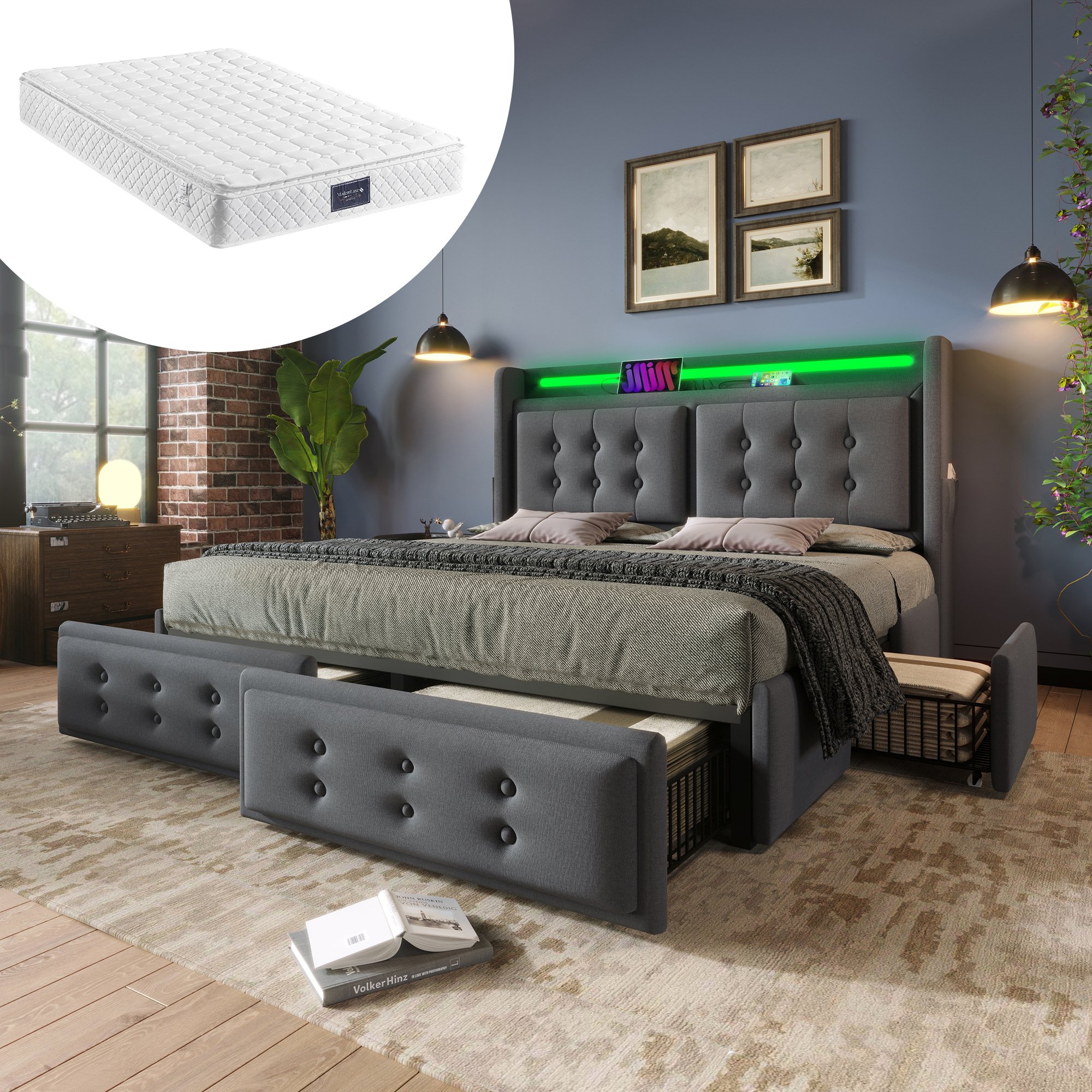 lit coffre 140x200 gris en tissu coton avec cadre métal et bois, tête de lit rembourrée boutonnée et sommier à lattes robuste