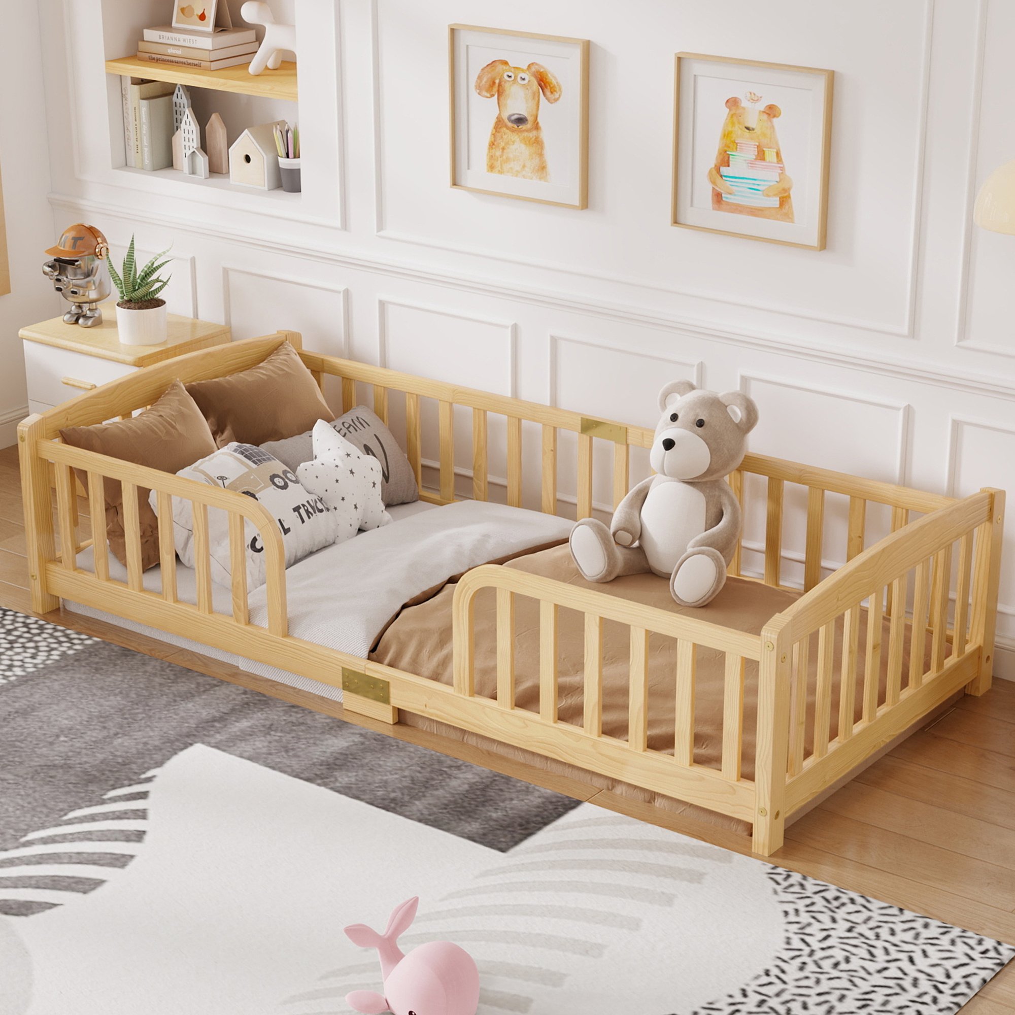 Lit enfant 90x200 avec barrières de sécurité, accès central et design au sol pour transition en douceur