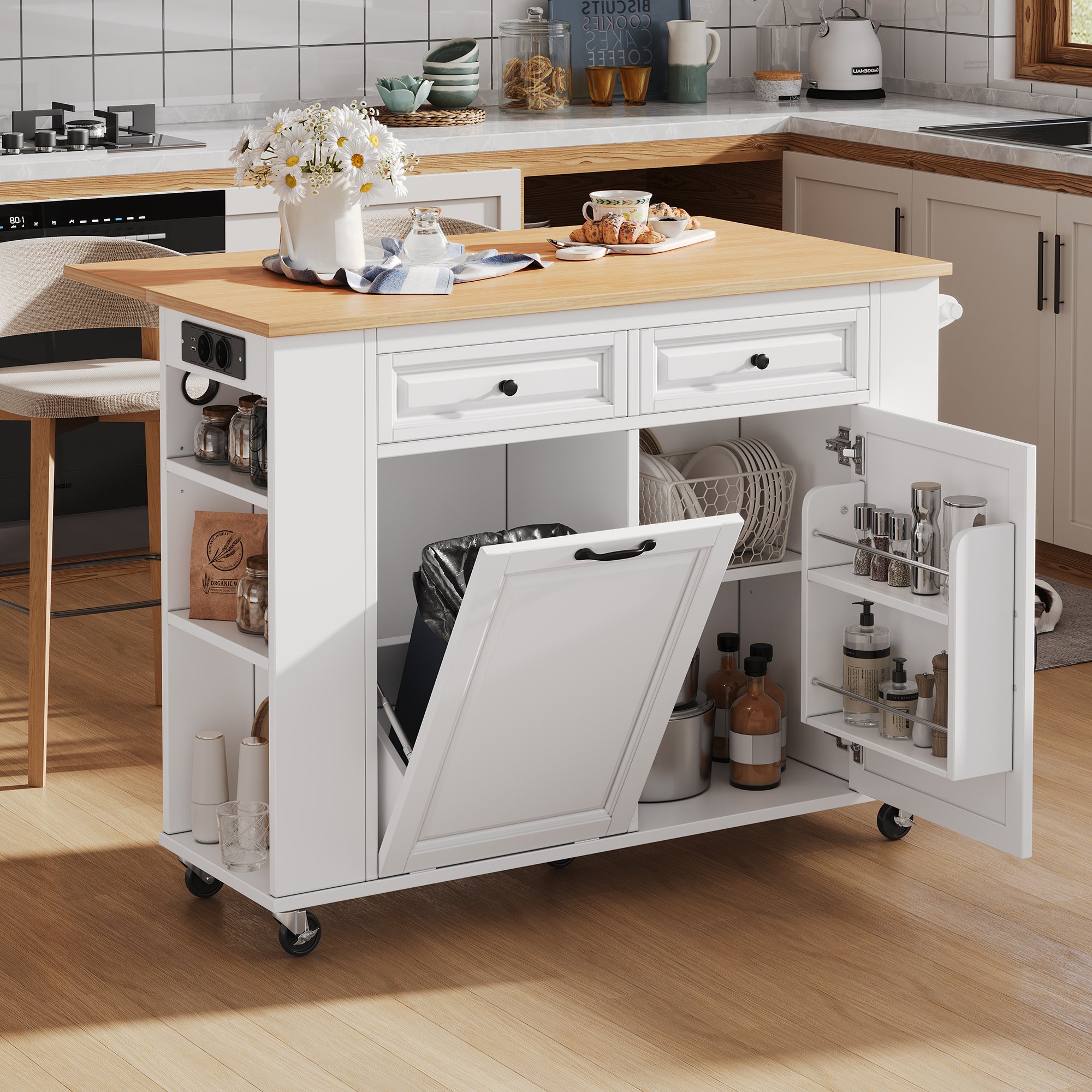Îlot de cuisine blanc avec plan de travail extensible, rangement, poubelle, porte-serviettes, 5 roulettes, prises et USB