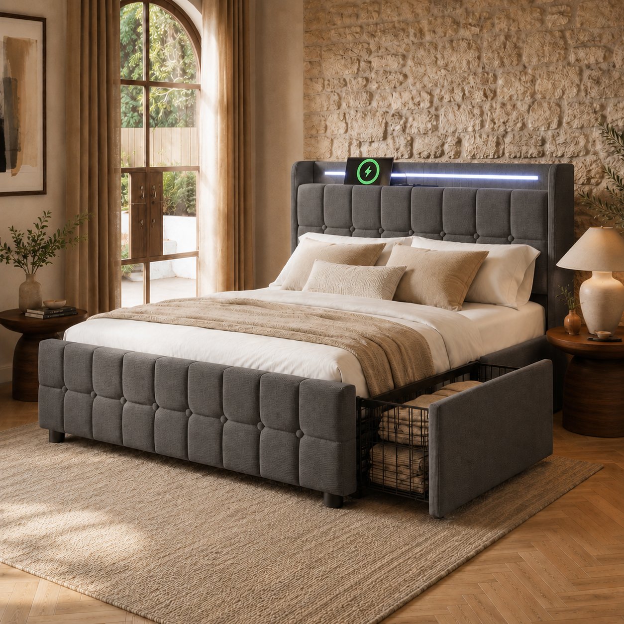 Lit coffre storage 160x200 cm gris avec LED couleur, USB, 4 tiroirs et sommier à lattes inclus