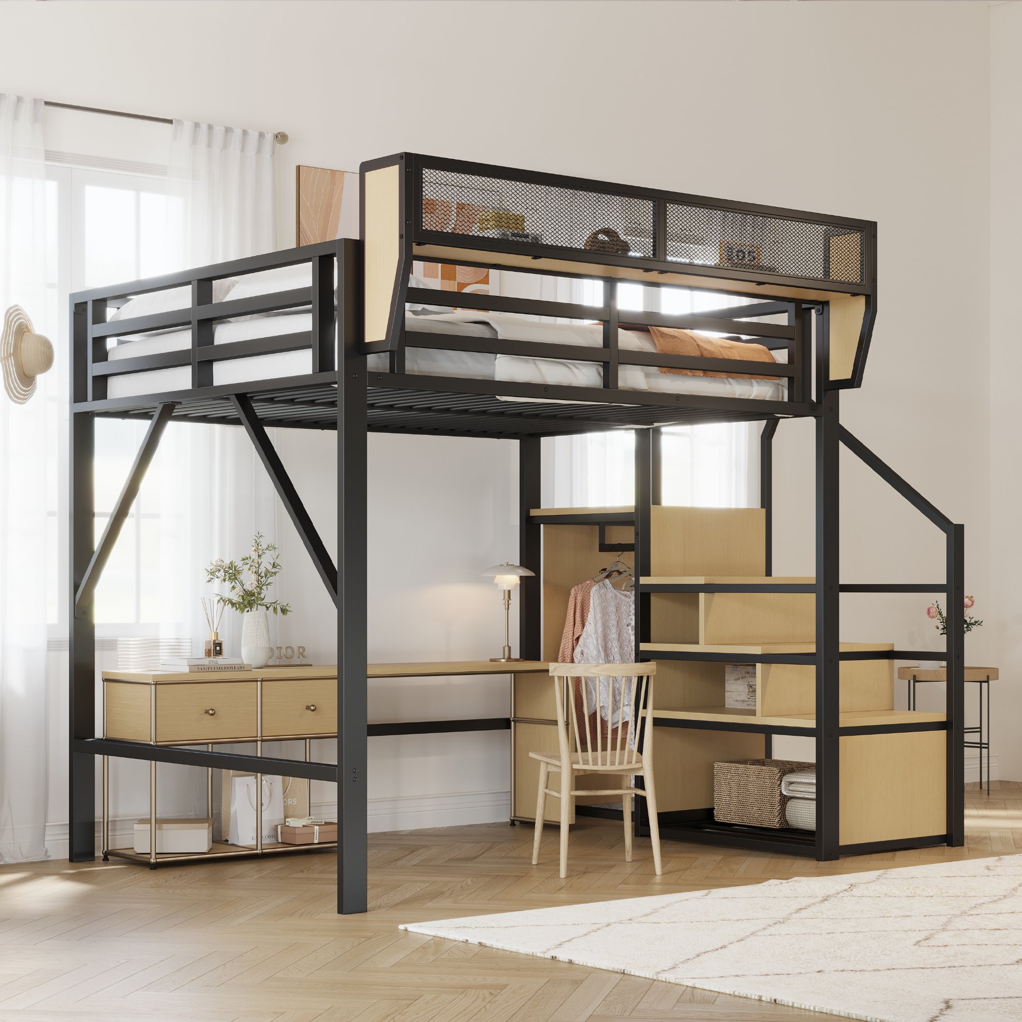 Lit mezzanine 140x200 en métal noir avec échelle de sécurité et rangement flexible