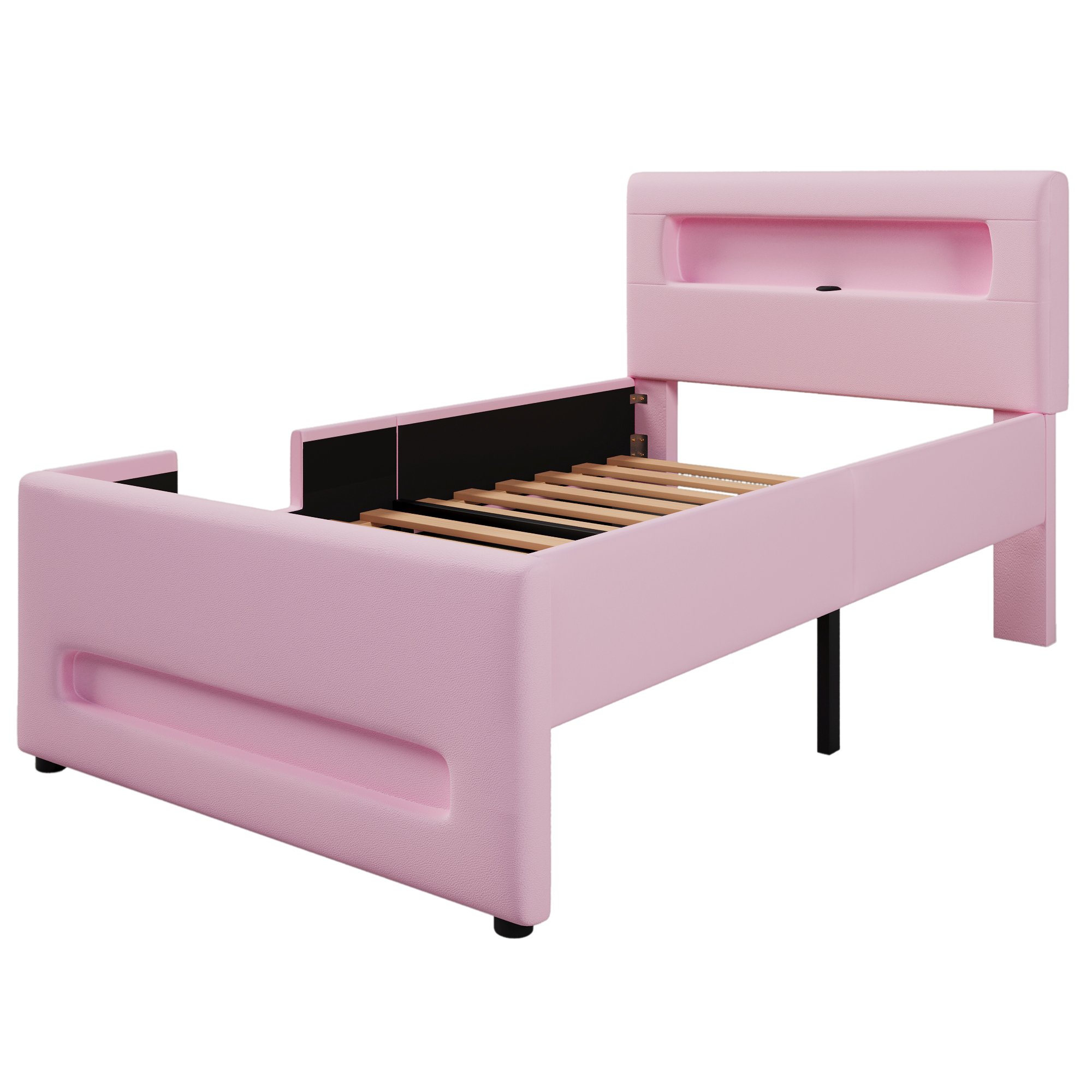 Lit coffre 90x200 rose avec rangement, LED, USB et échelle pour enfant