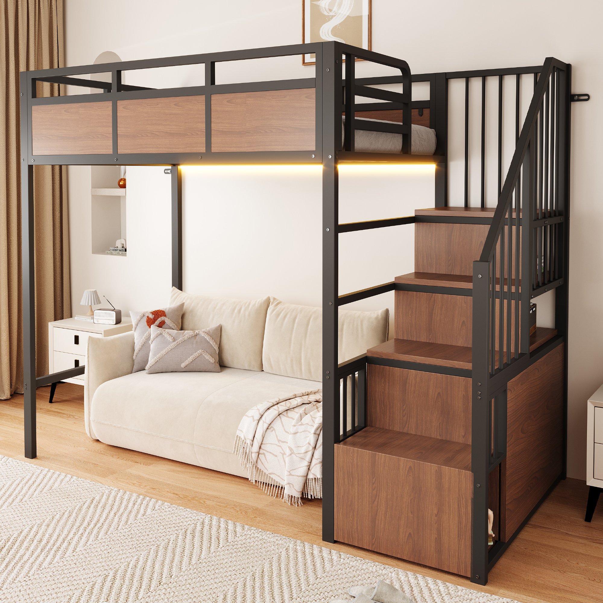 Lit mezzanine 90x200 cm avec échelle de rangement et LED intégrée, sécurité renforcée