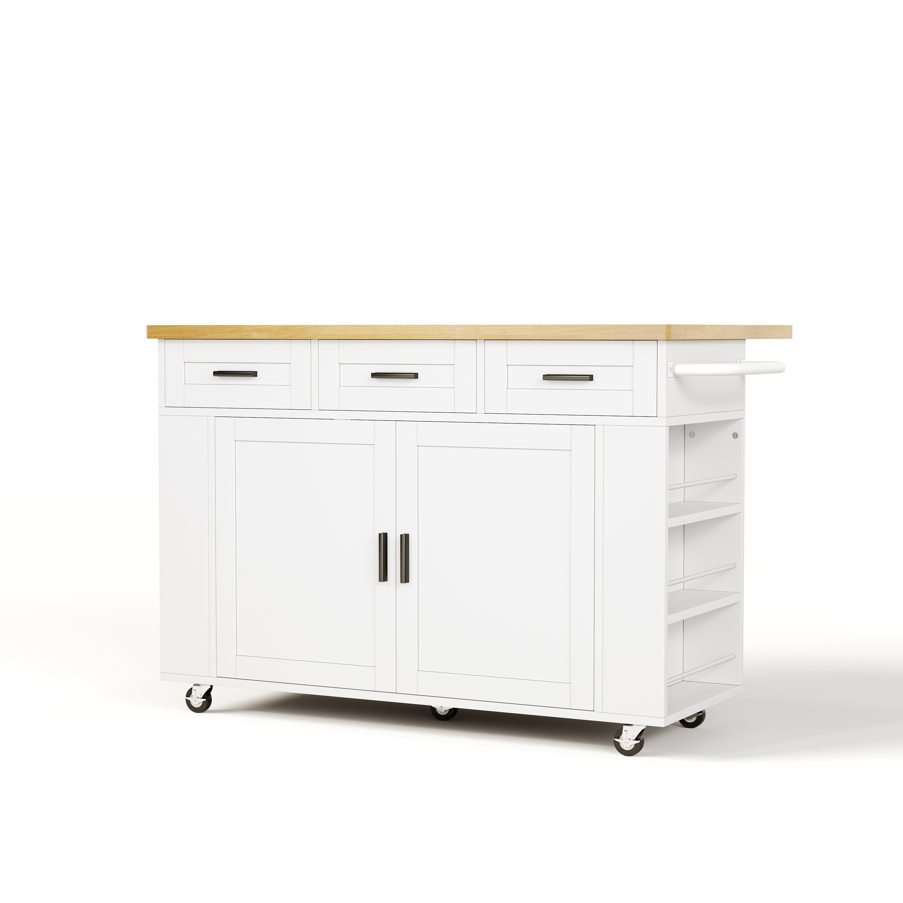 Îlot de cuisine 120x70x84 cm, avec rangement pour poubelle, étagères coulissantes, tiroirs et prises, blanc