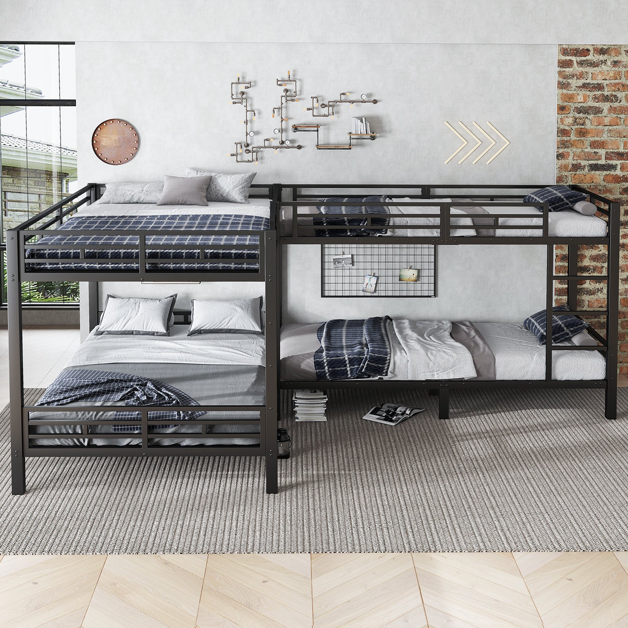 Lit superposé 90x200 et 140x200, 4 couchages, structure en fer noir avec échelle