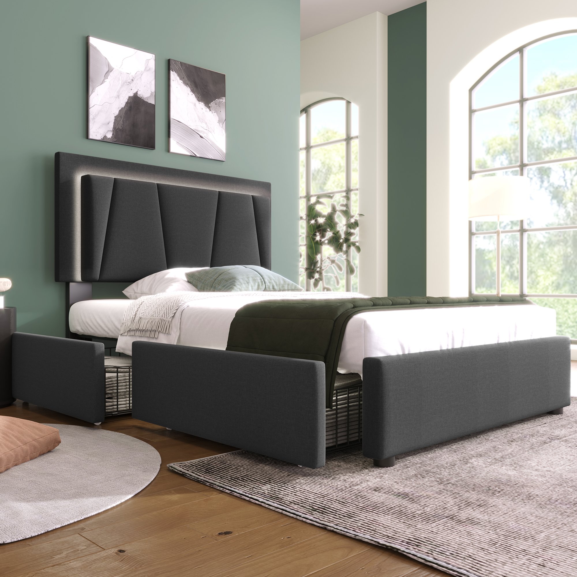 Lit LED 90x200 gris avec sommier à lattes, tête de lit réglable et tiroirs de rangement, cadre de lit rembourré moderne