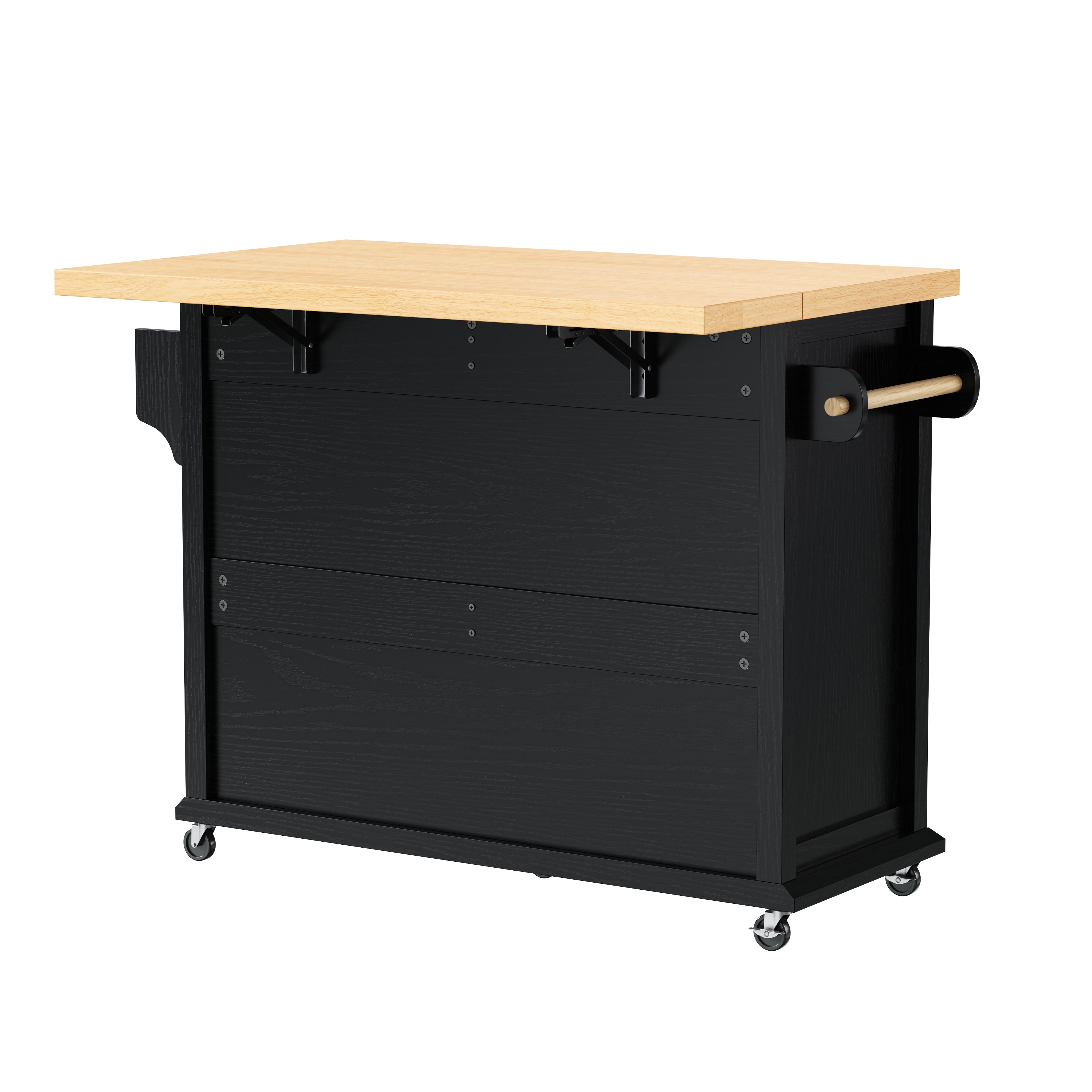 Îlot de cuisine extensible avec rangements multifonctions, table rabattable, sur roulettes, noir et bois clair
