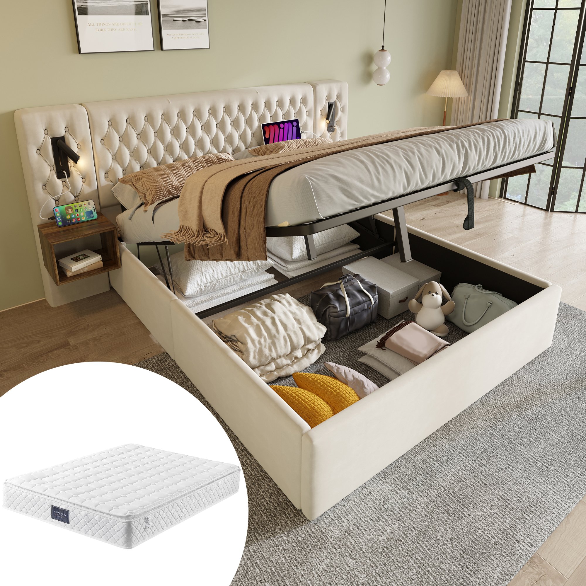 lit coffre double 160x200 cm avec cadre renforcé, rangement sous couchage hydraulique et tête de lit fonctionnelle