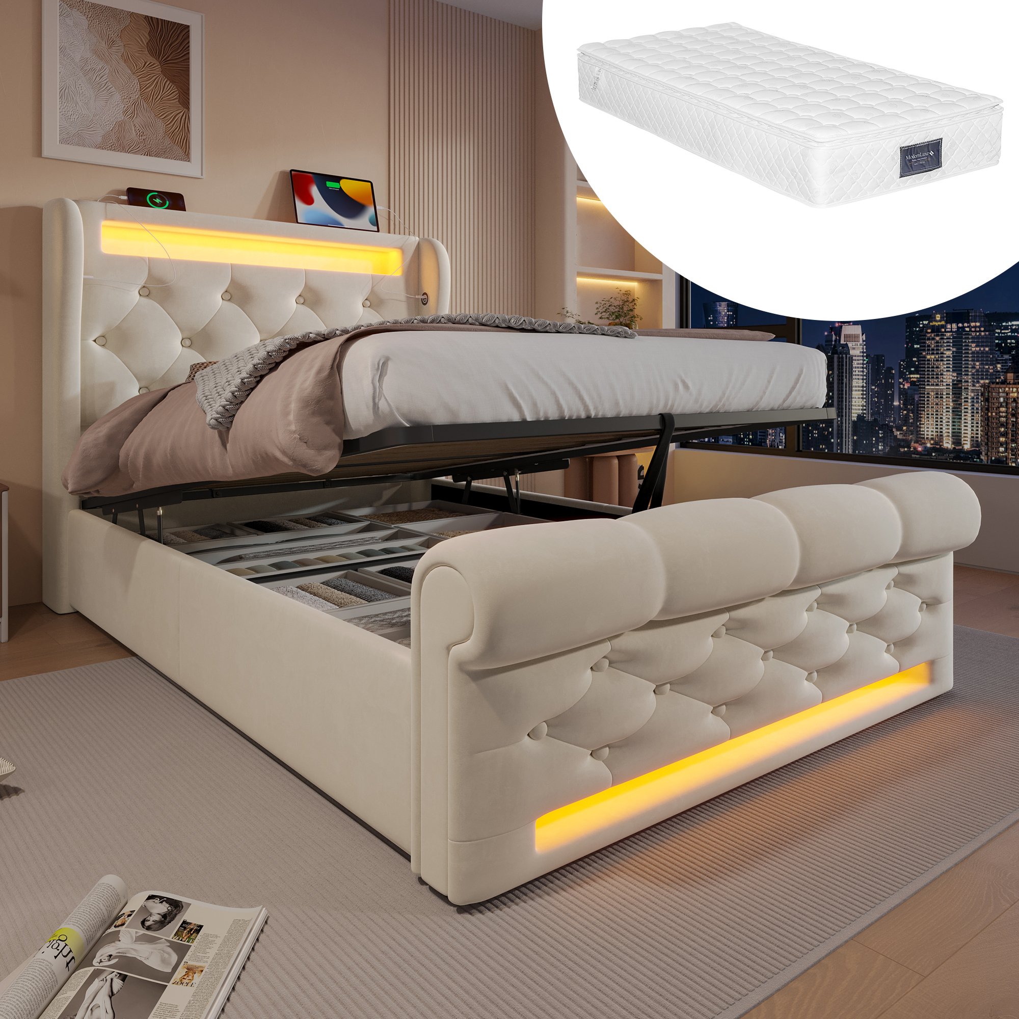 Lit coffre LED 90x200 avec matelas, velours beige, rangement hydraulique et chargeurs USB Type-C intégrés