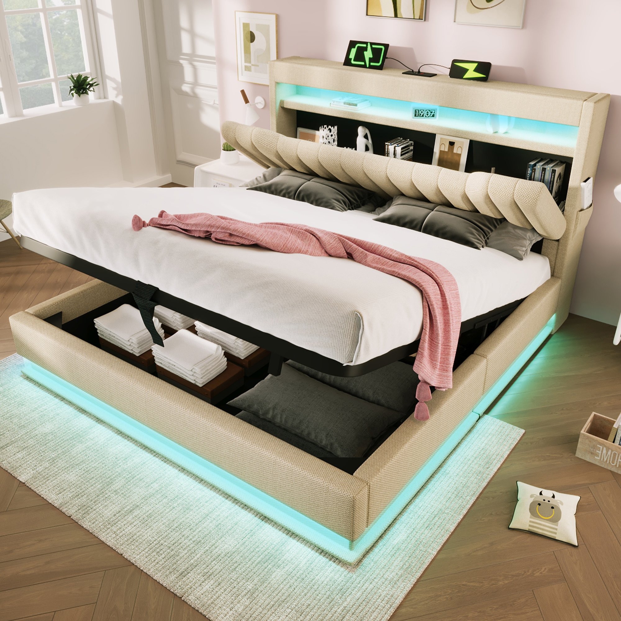 lit coffre 140x200 avec LED musicale et USB Type-C, tête de lit rembourrée beige, rangement hydraulique et sommier à lattes