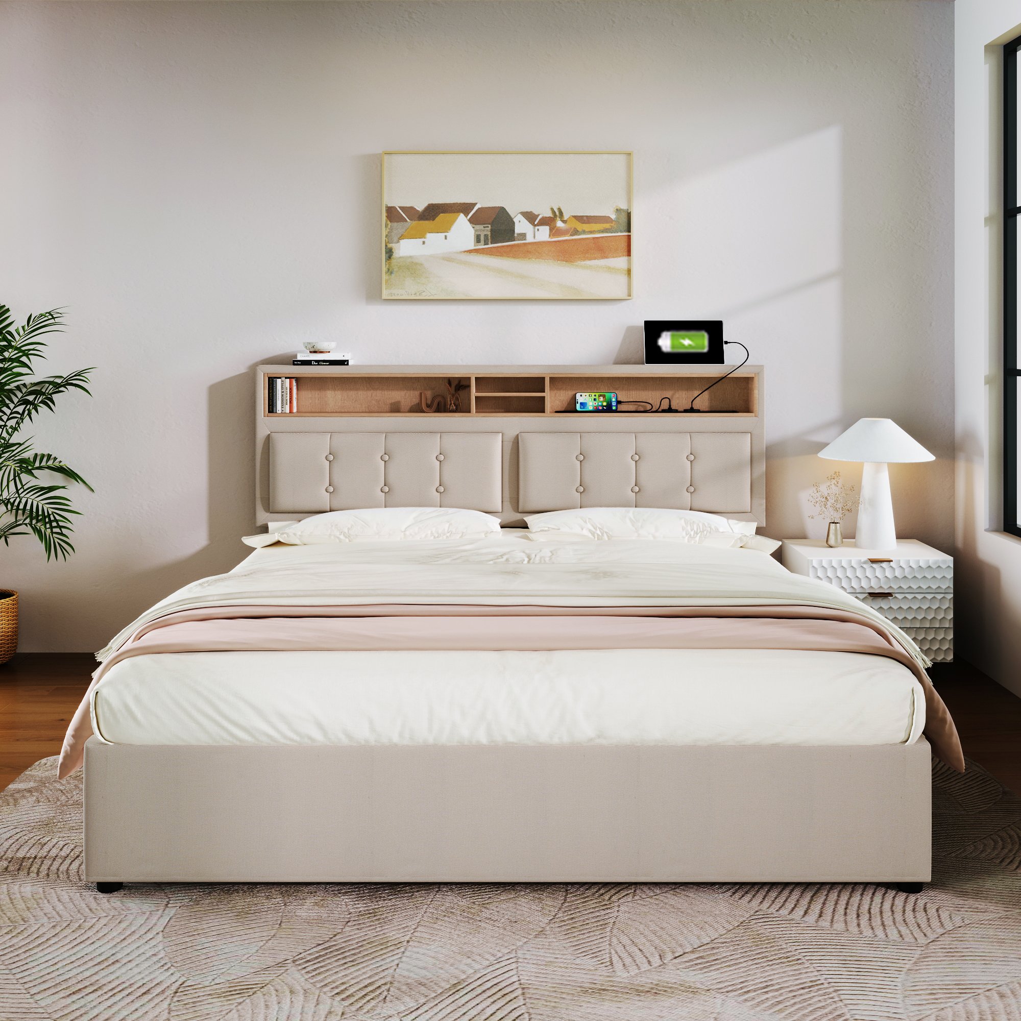 lit coffre 160x200 avec sommier à lattes, rangement hydraulique, tête de lit rembourrée beige avec ports USB Type-C et prises