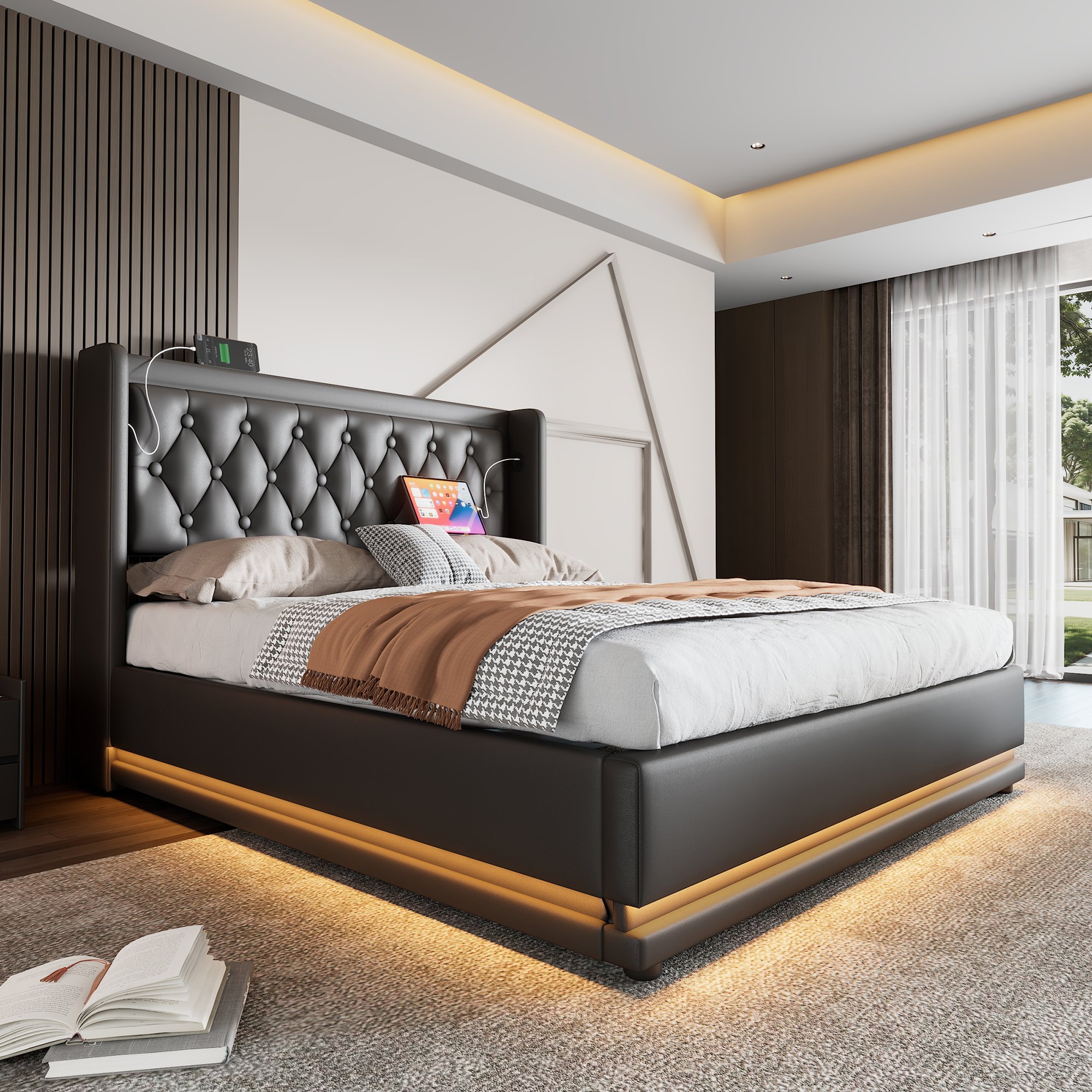 lit coffre double 140x200 cm avec structure métallique robuste, tête de lit rembourrée 28 cm et éclairage LED ambiant