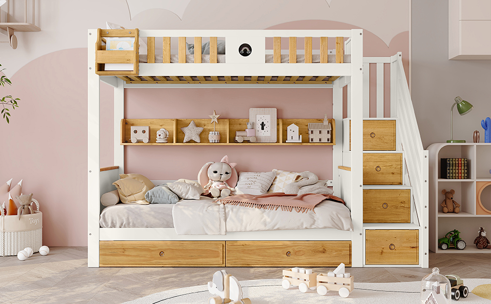 Lit superposé enfant 90x200 avec escalier de rangement et tiroirs, blanc et naturel
