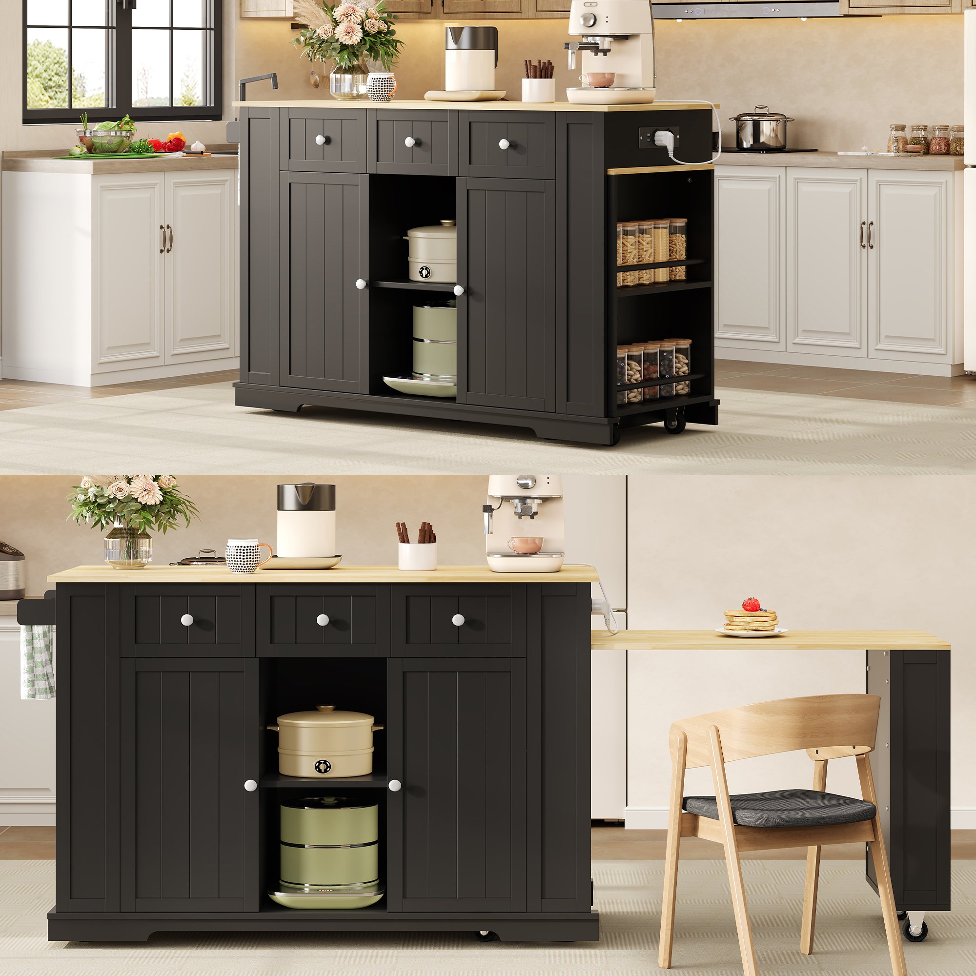 Îlot de cuisine 138x55x93 cm avec table extensible, rangement, 7 roulettes et prises, noir et bois