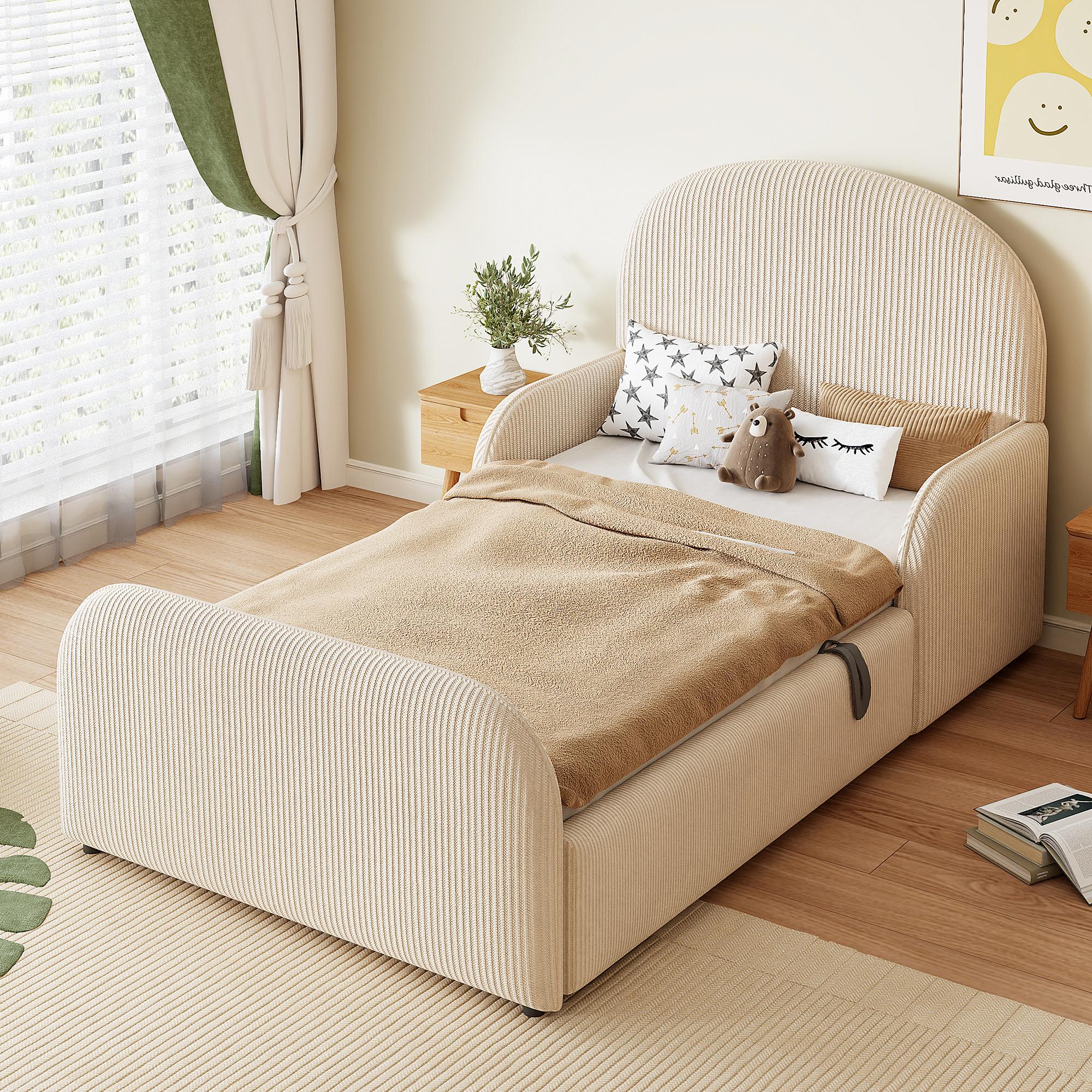 Lit coffre 90x200 cm pour enfant avec rangement hydraulique, tête de lit haute et barrières de sécurité