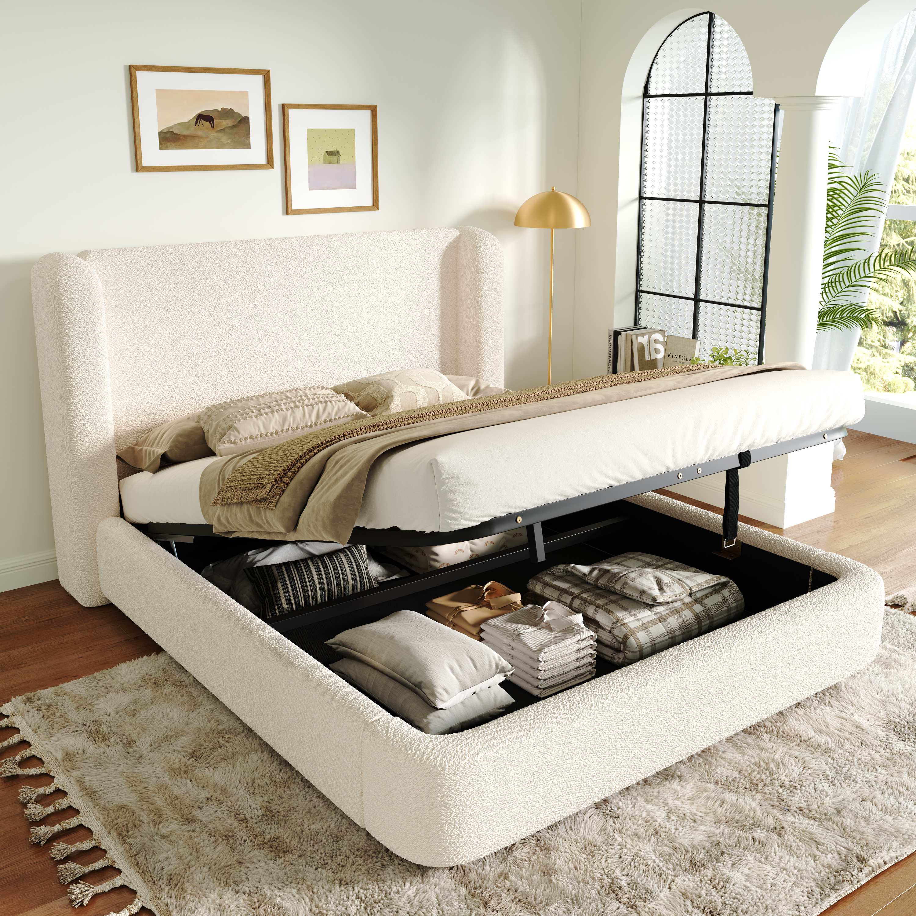 Lit coffre 180x200 cm en tissu bouclé beige pour chambre adulte avec tête de lit rembourrée et ouverture hydraulique