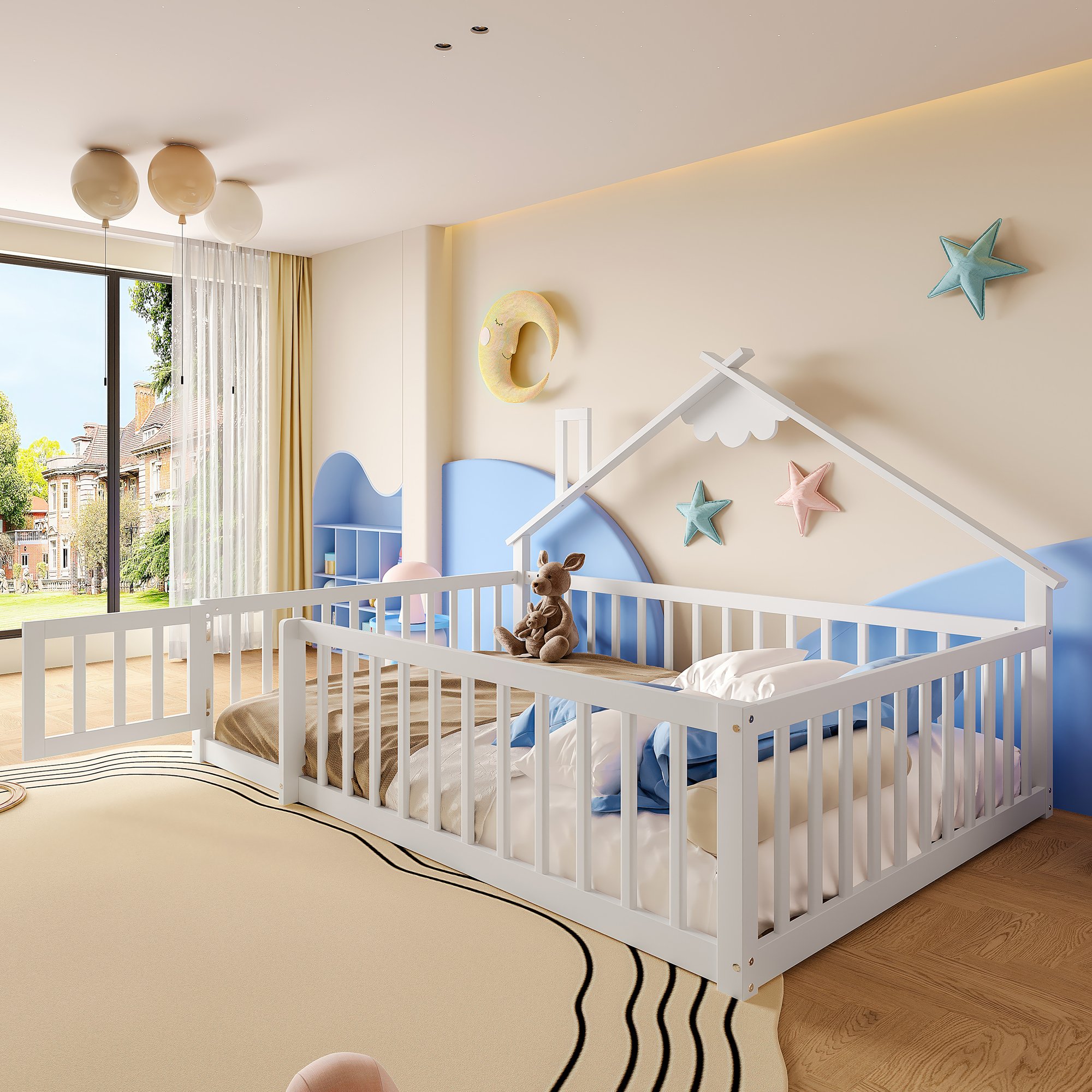 Lit enfant avec barrière verrouillable et design maison, 140x190 cm, en pin massif blanc