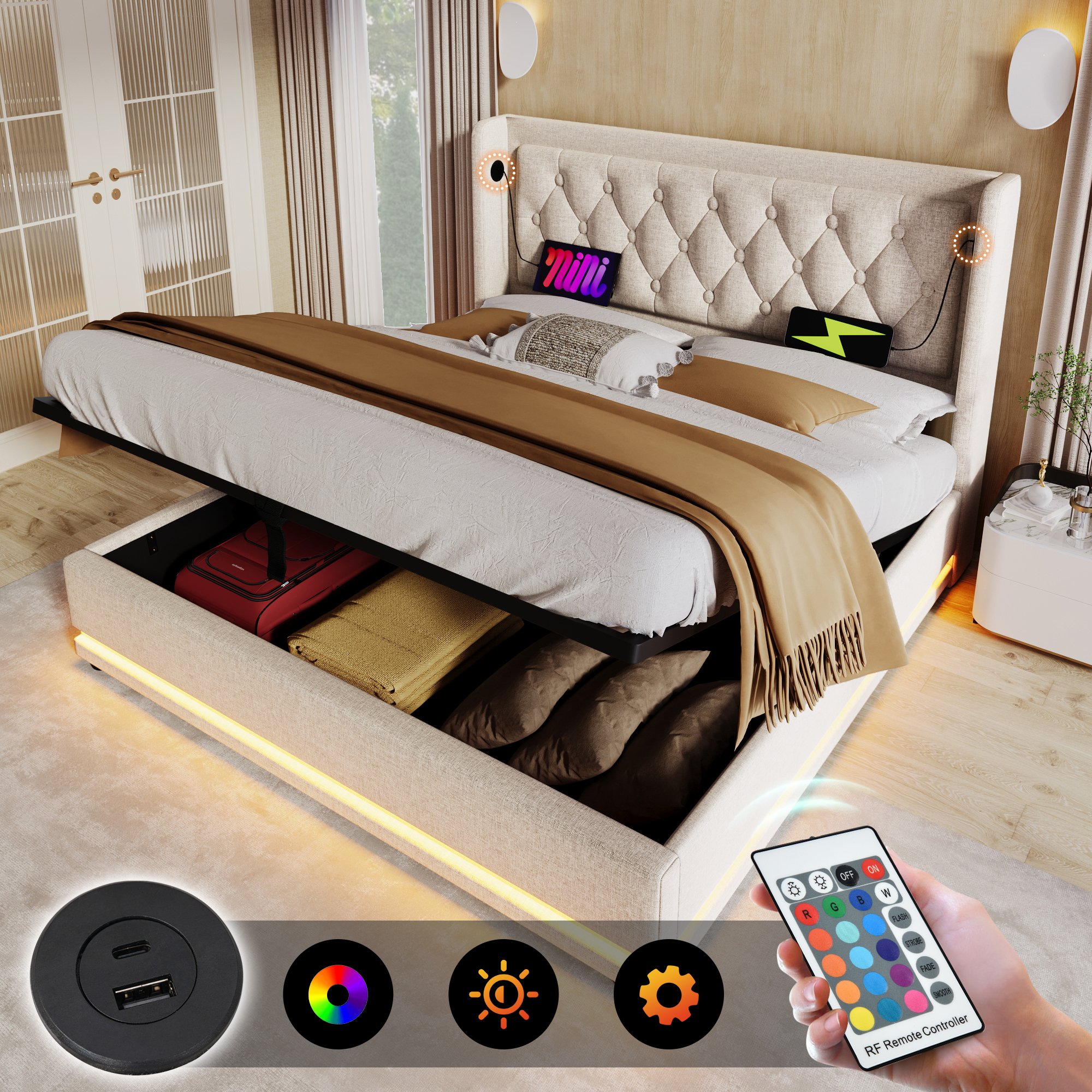 Lit coffre double 160x200 beige, rangement hydraulique, LED 3 côtés, USB Type-C, tête de lit capitonnée, sans matelas