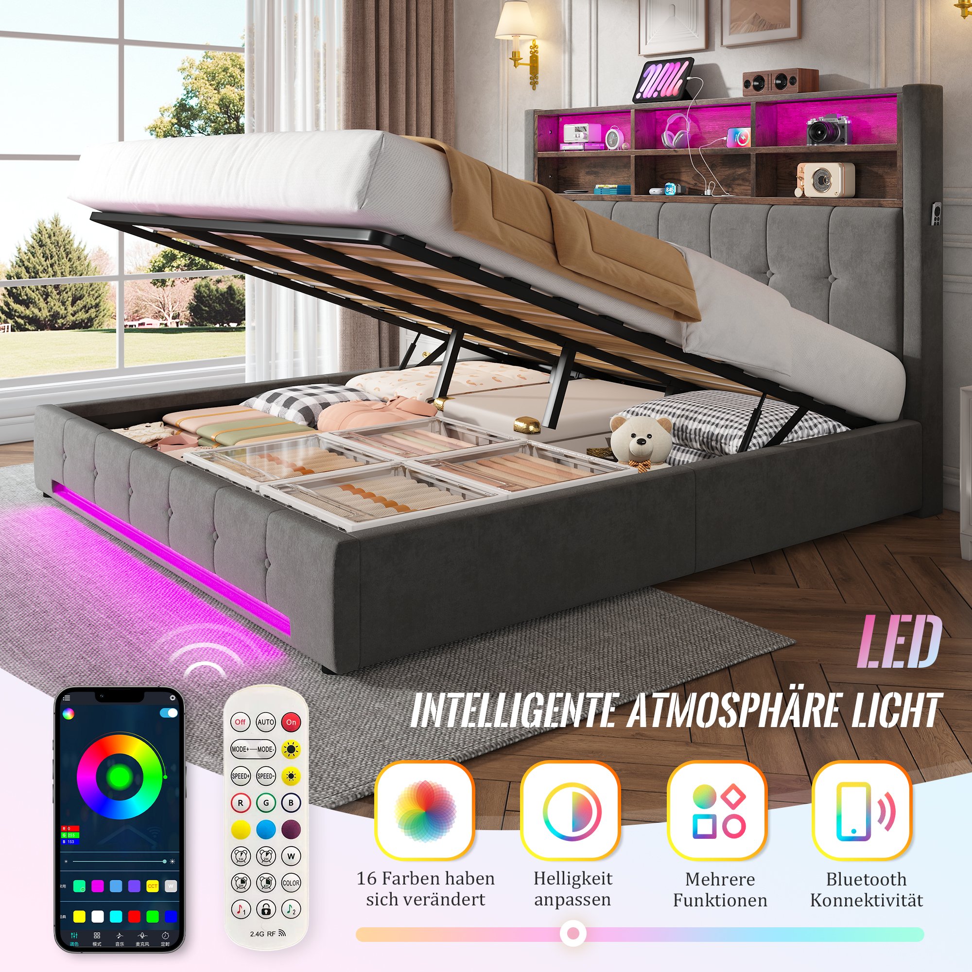Lit coffre 180x200 pour 2 personnes, avec tête de lit multifonction et rangement sous le lit