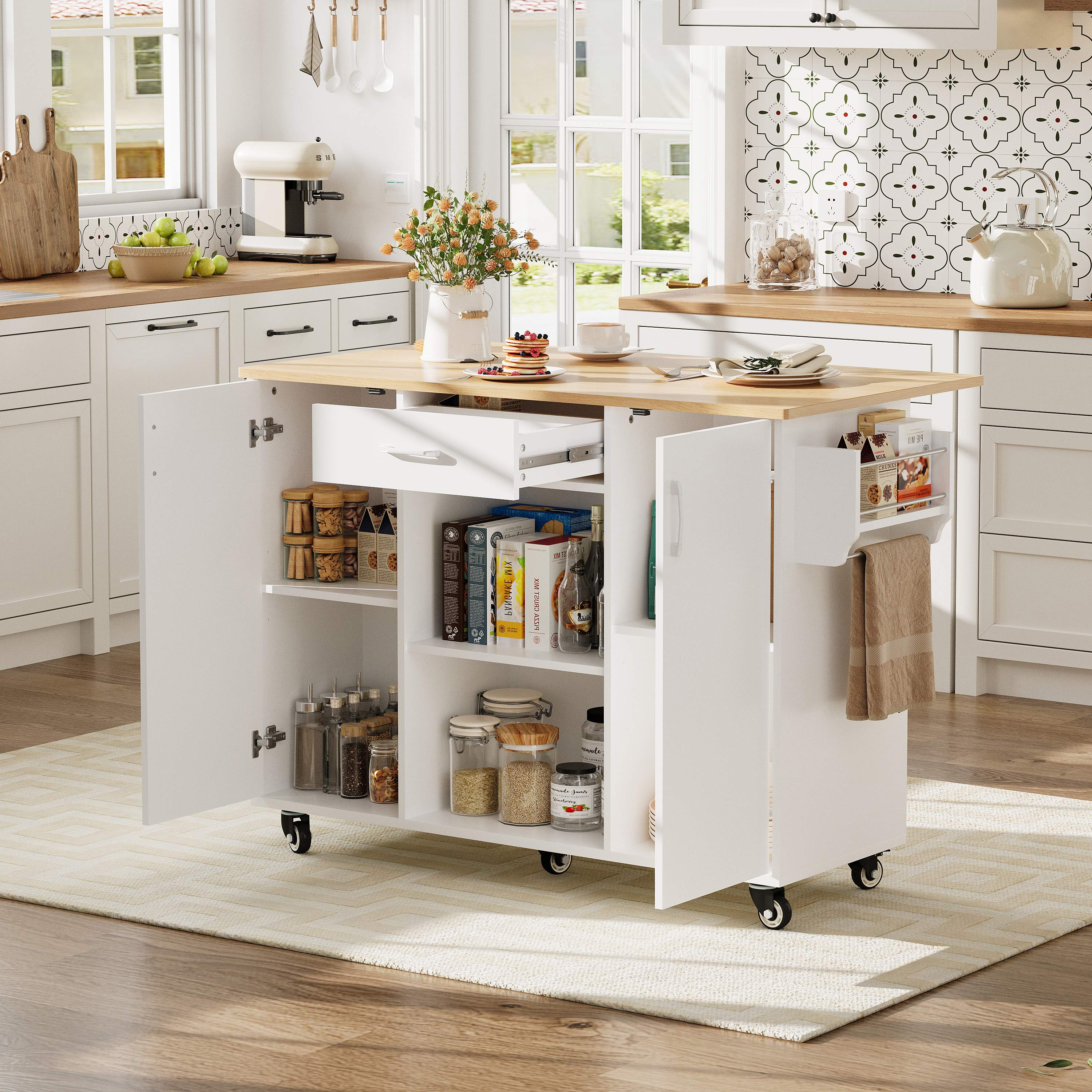 Îlot de cuisine 120 cm avec rangement, tiroir, placards, roulettes et plan de travail rabattable, blanc et chêne