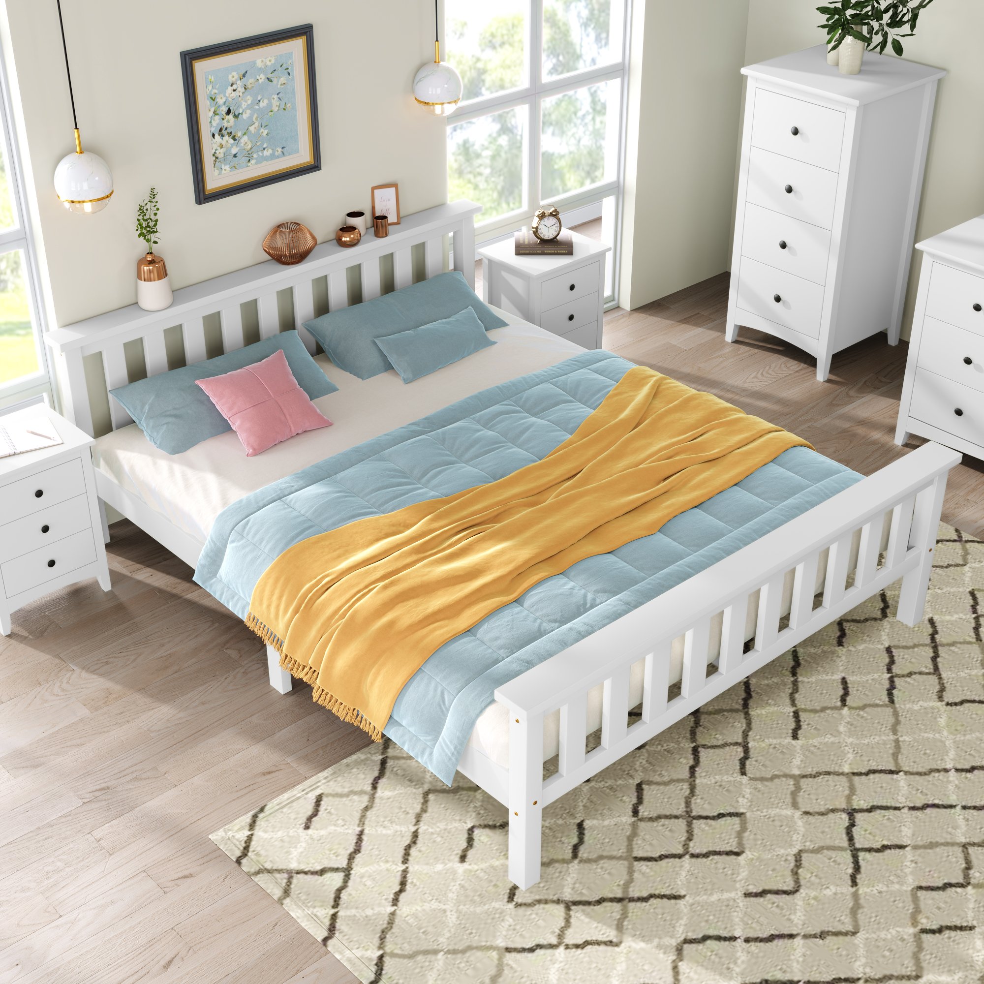 Lit coffre 140x200 blanc en pin massif avec sommier à lattes et rangement sous le couchage pour chambre adulte