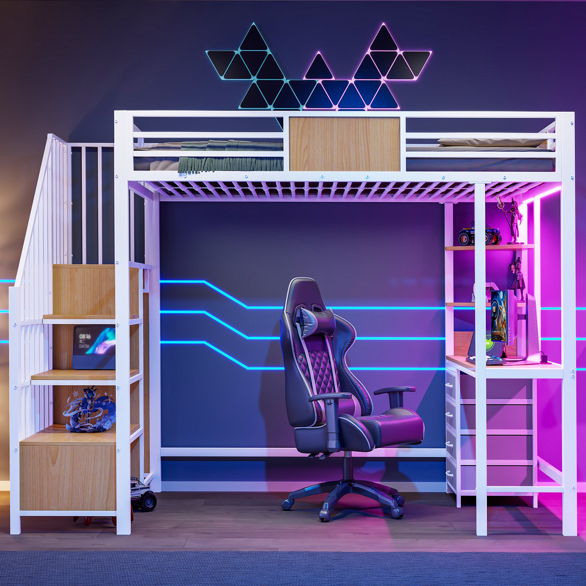 Lit superposé 90x200 avec bureau et rangements, métal blanc, LED et prise, meuble multifonction