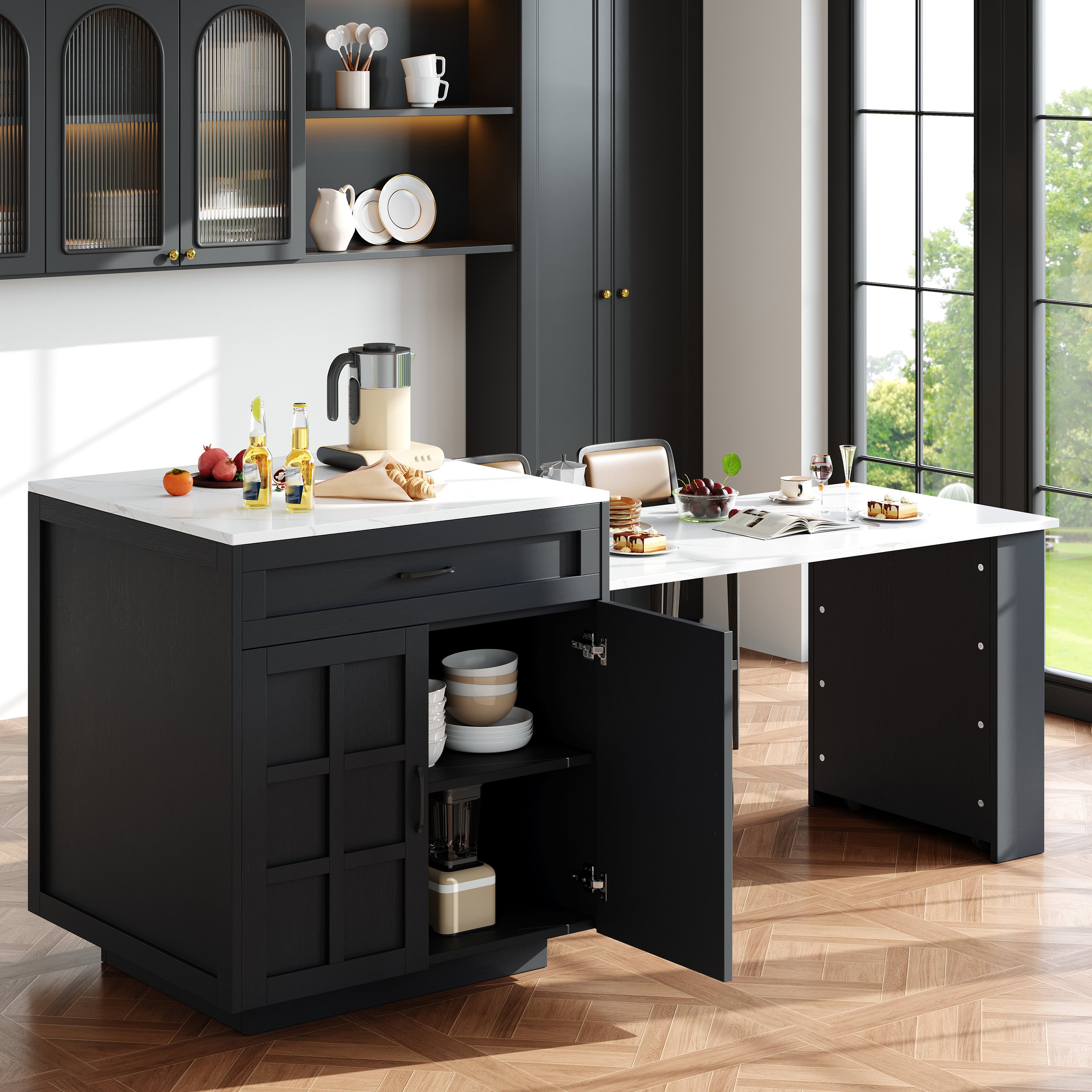 Îlot de cuisine extensible 133-202 cm avec rangement, noir, Panneau composite de fibres de bois à densité, 2 tiroirs et 4 étagères, table de bar pour 2-6 personnes