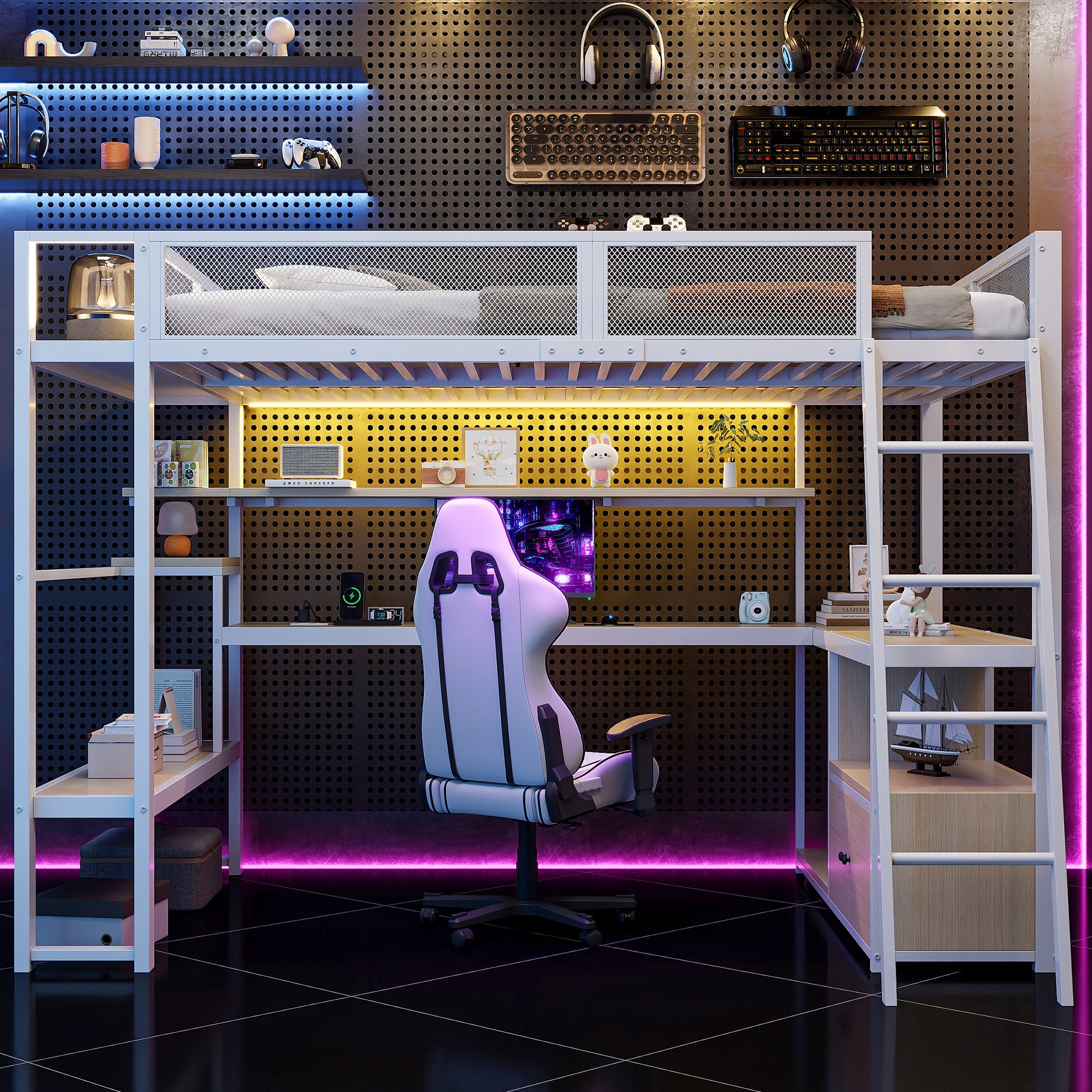 Lit mezzanine avec bureau, éclairage LED et rangements, couchage 140x200