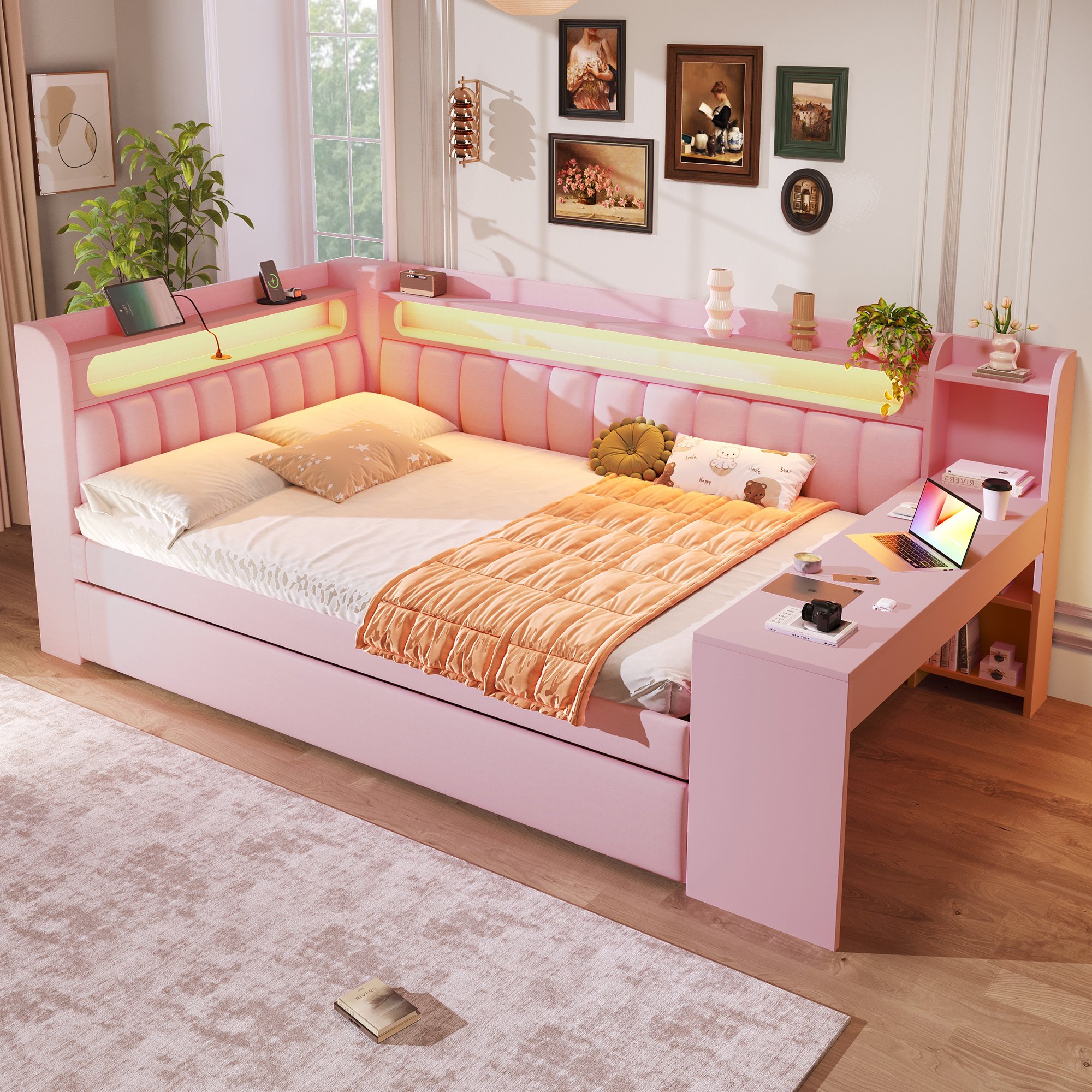 Lit gigogne 140x200 avec couchage d'appoint 90x190, LED et USB