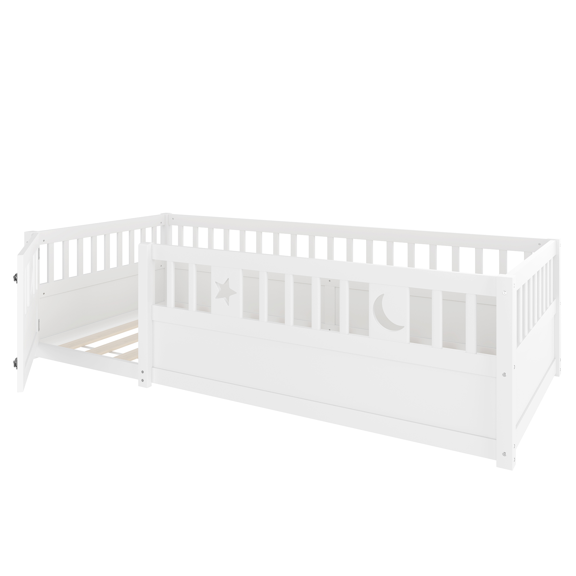 Lit enfant 90x190 avec barrière verrouillable et sécurité anti-chute, décoration étoilée, blanc, sans matelas