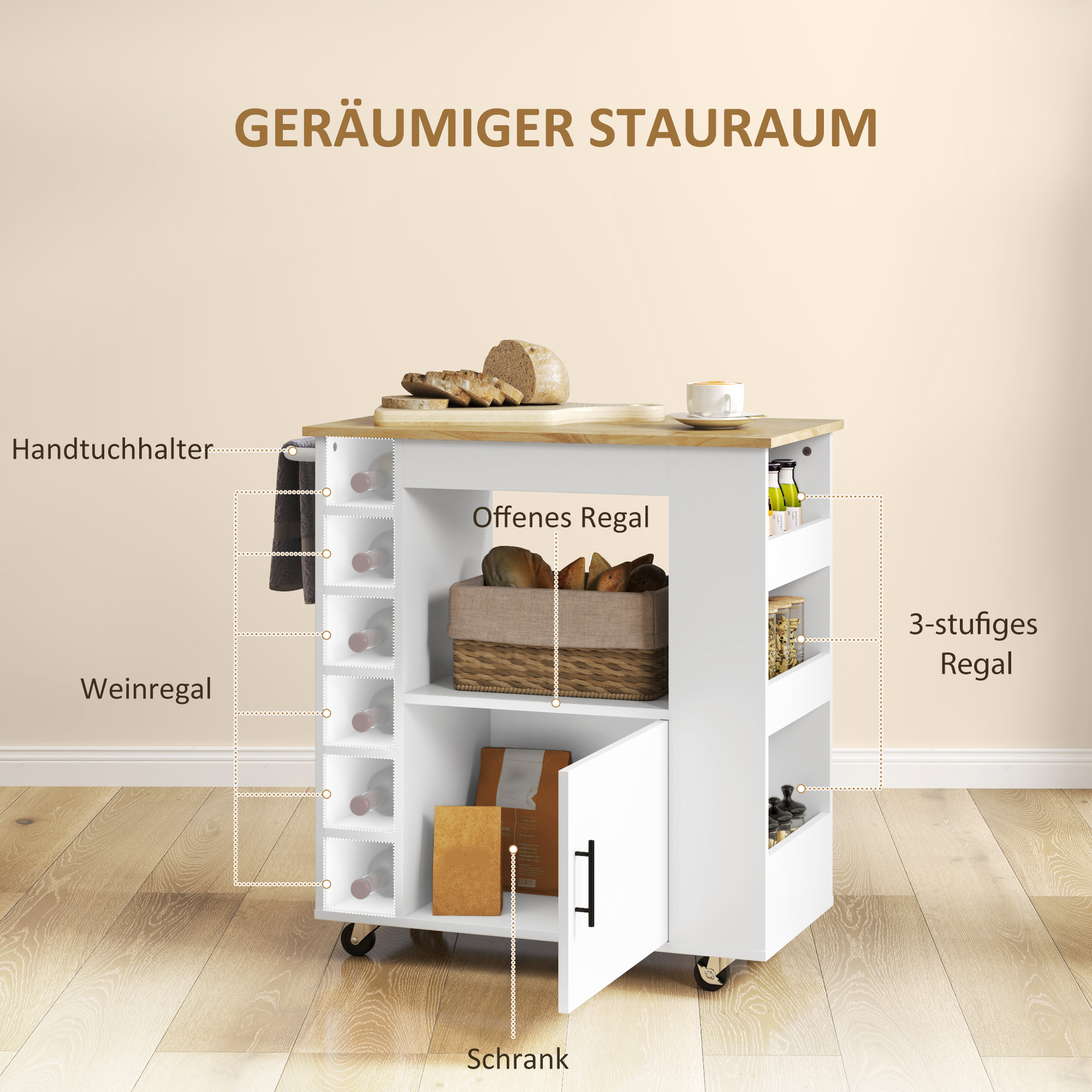 Îlot de cuisine 83x40x83 cm avec rangements, porte-bouteilles et plan de travail, chêne, sur roulettes, pour petit espace
