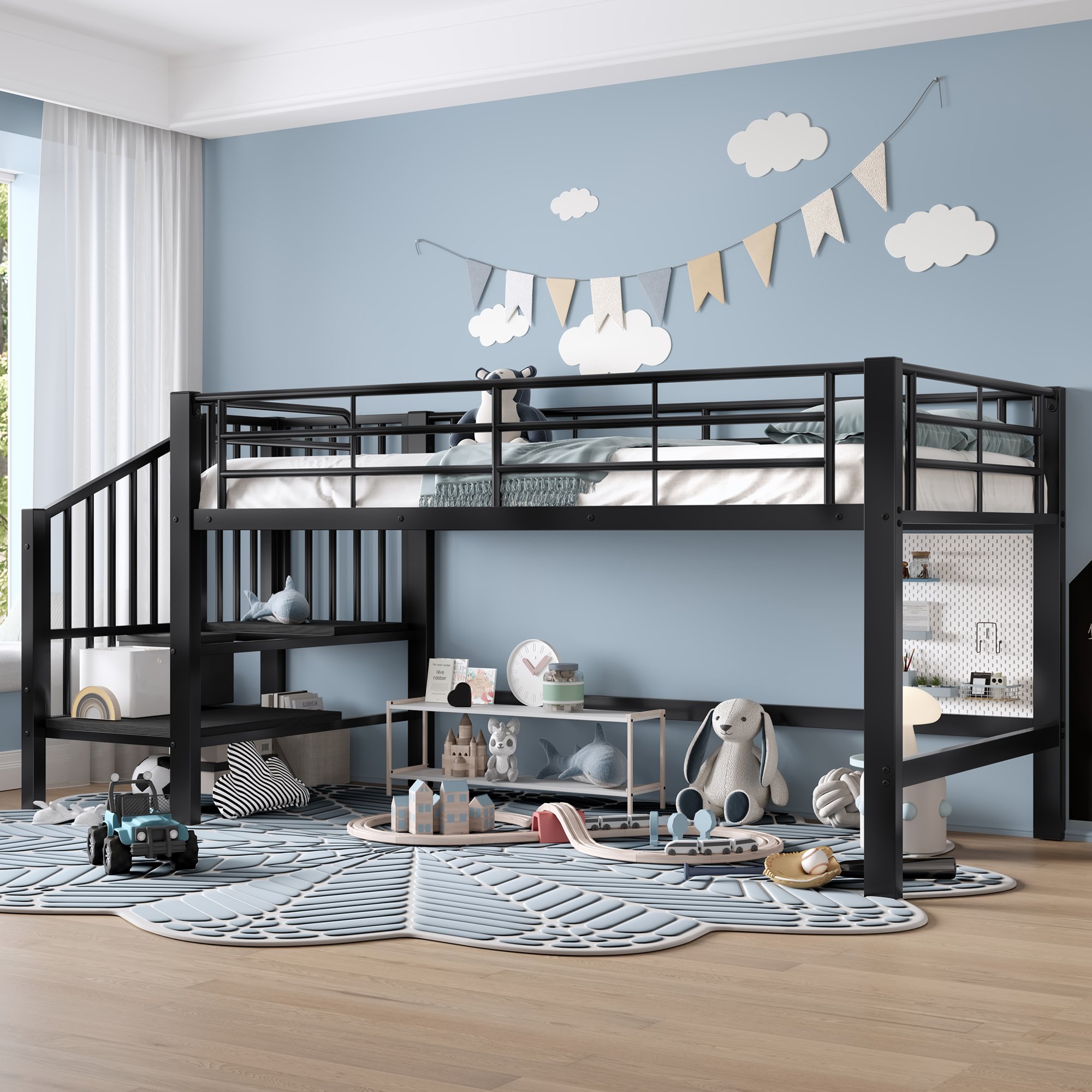 Lit mezzanine 90x200 noir avec escalier et rangement intégré, cadre métallique robuste