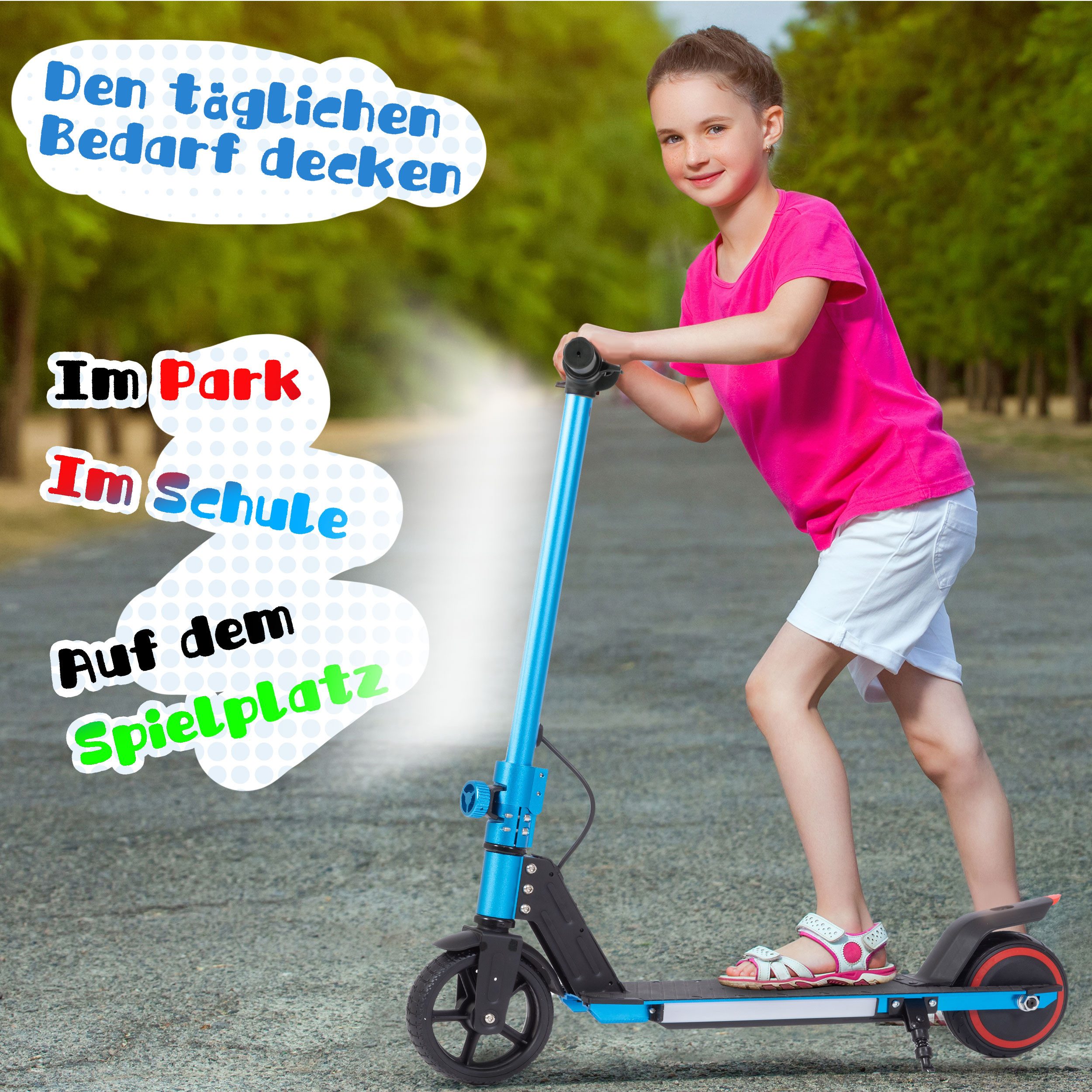 Trottinette enfant électrique avec double freinage EBS et frein à pied, LED, pliable, 14 km/h, pour 6-12 ans