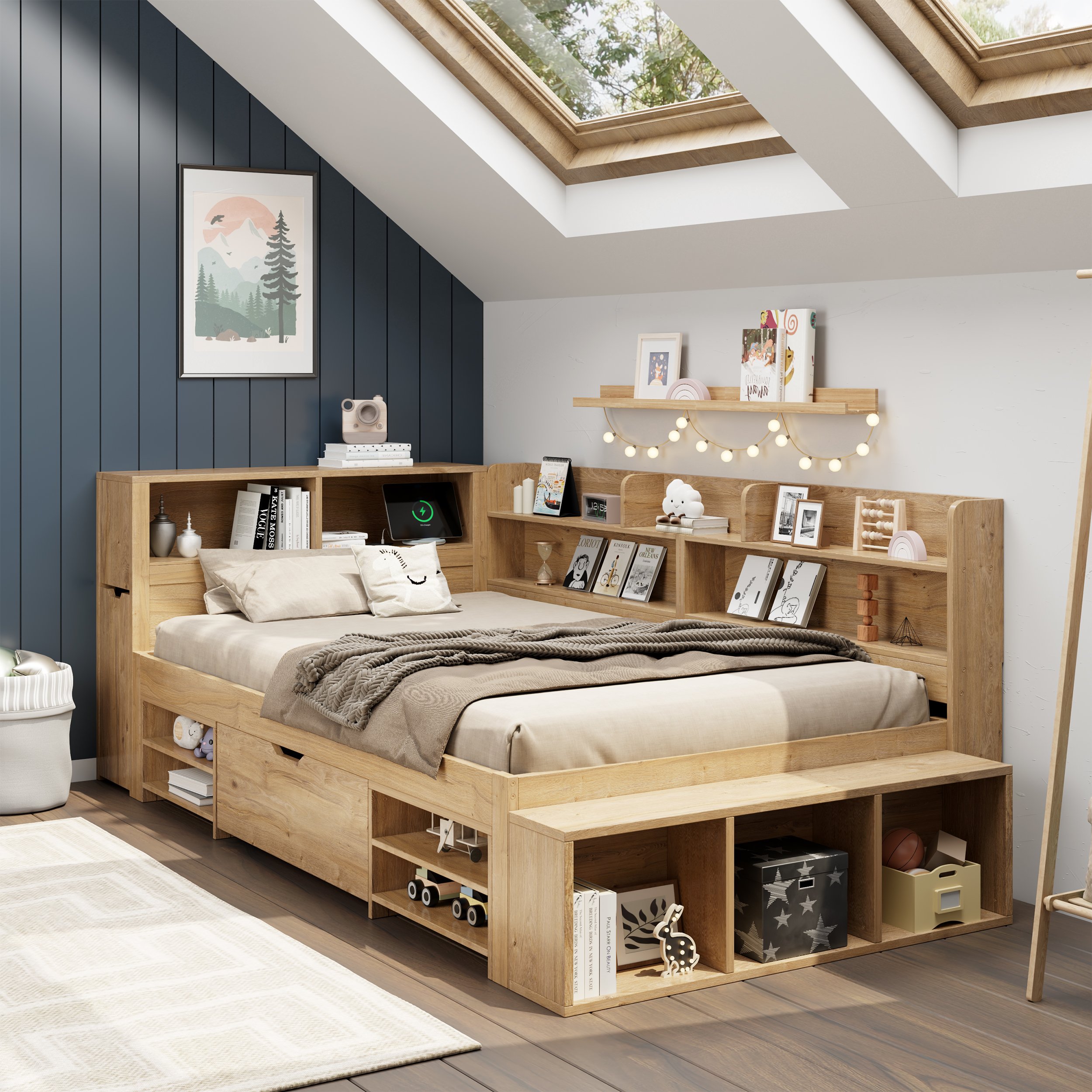 Lit enfant avec rangement en contreplaqué naturel, structure robuste avec tiroirs latéraux et tête de lit fonctionnelle