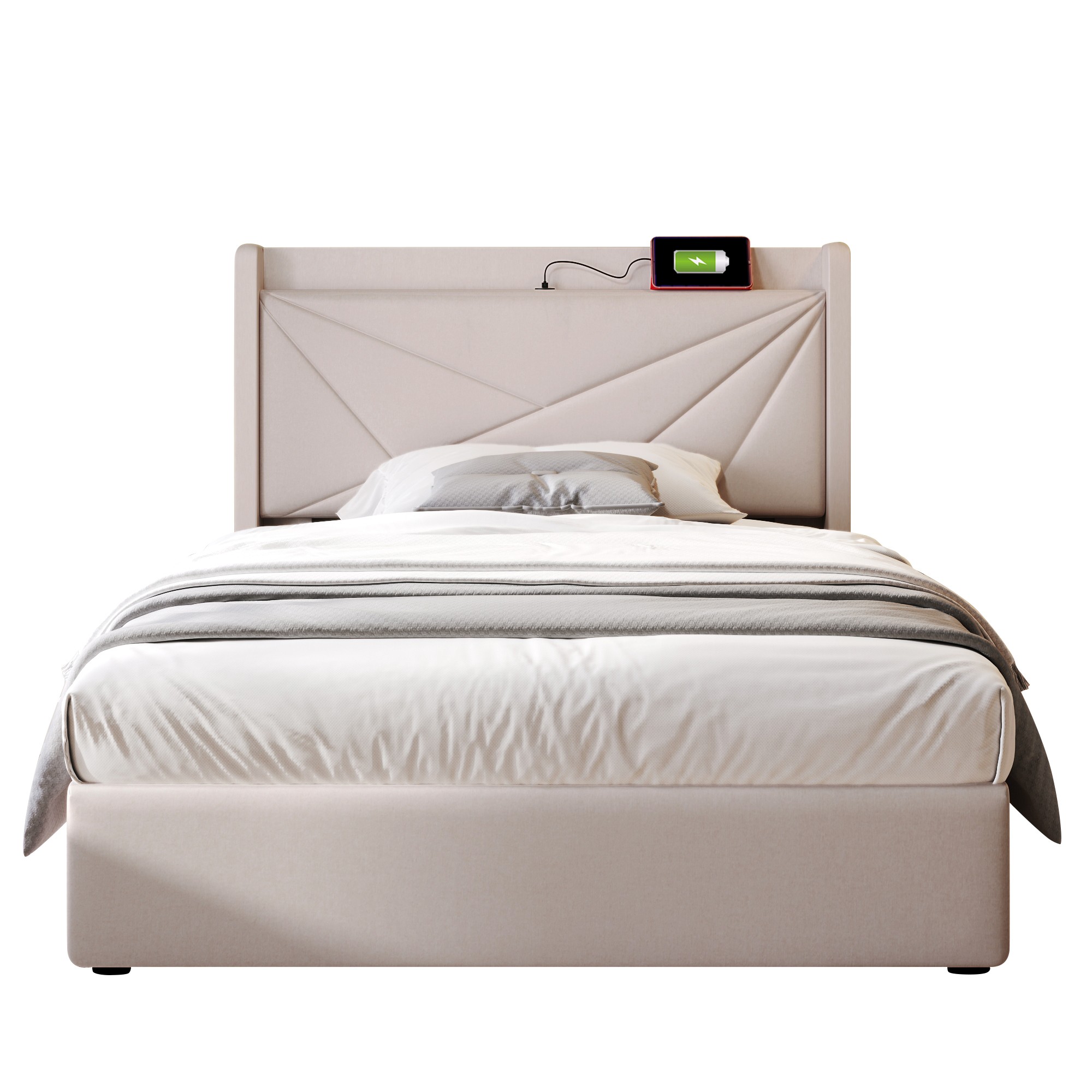 lit coffre 90x200 beige en tissu lin avec rangement, tête de lit rembourrée et ports USB Type-C