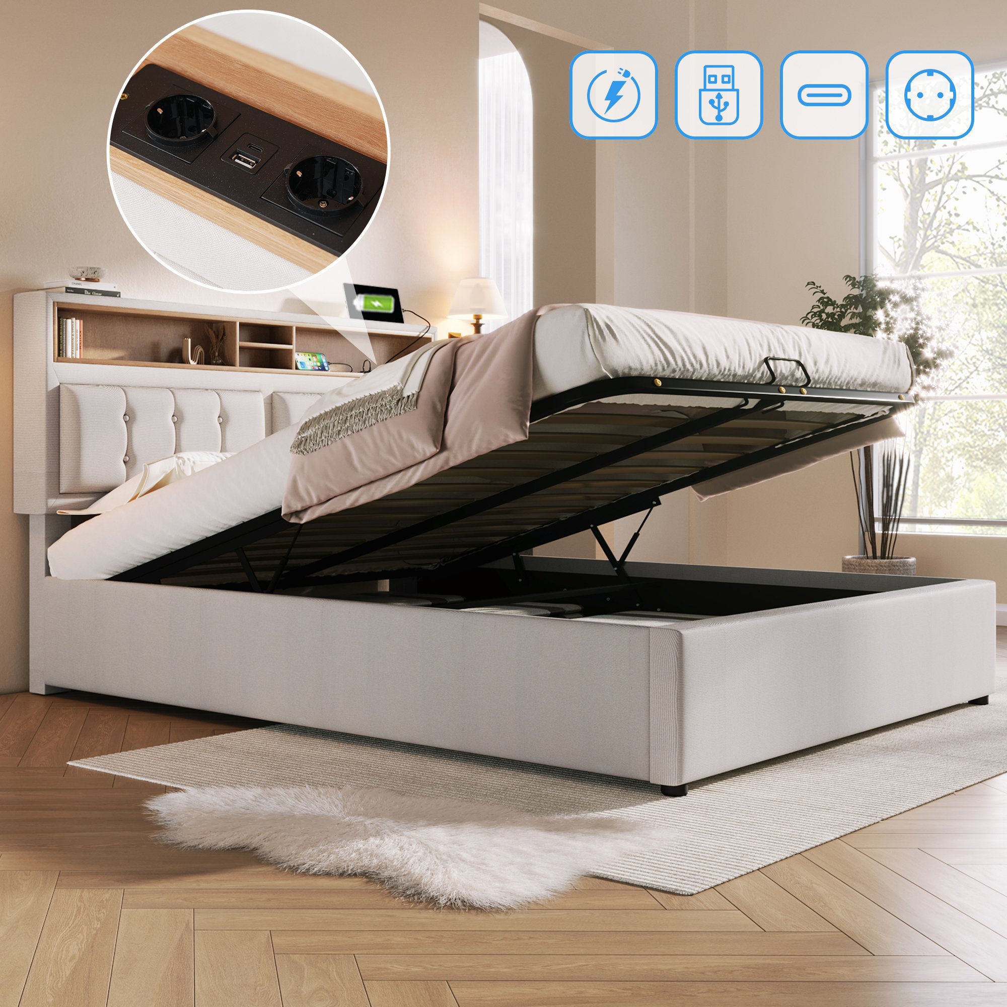 lit coffre 160x200 avec sommier à lattes, rangement hydraulique, tête de lit rembourrée beige avec ports USB Type-C et prises