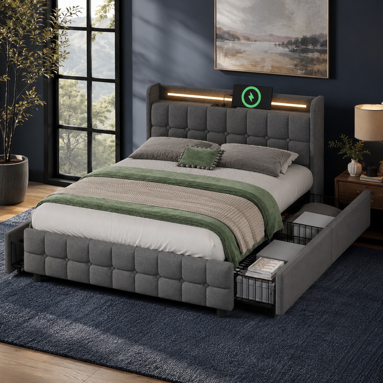 Lit double rembourré 140x200 avec sommier à lattes, LED couleur, USB, 4 tiroirs gris moderne design